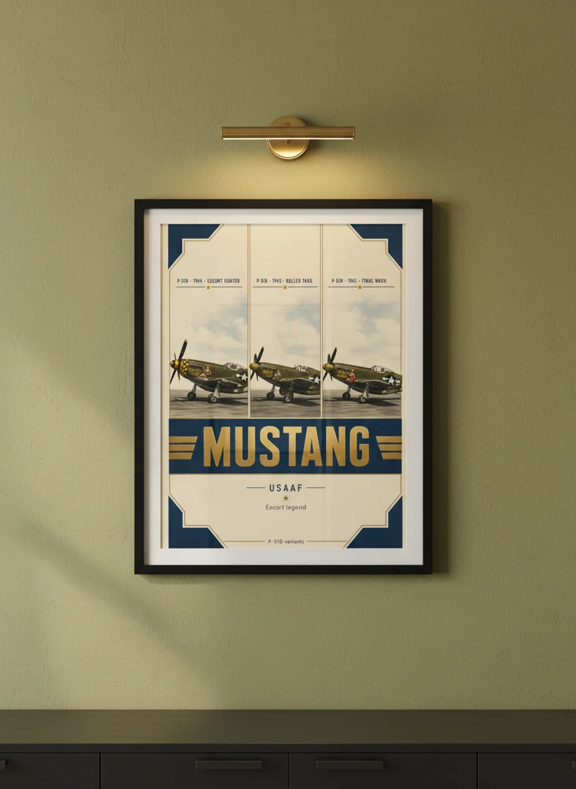 MUSTANG three-panel gallery set in black A2 frame on olive-drab lime-wash wall — Gallery Sets mockup