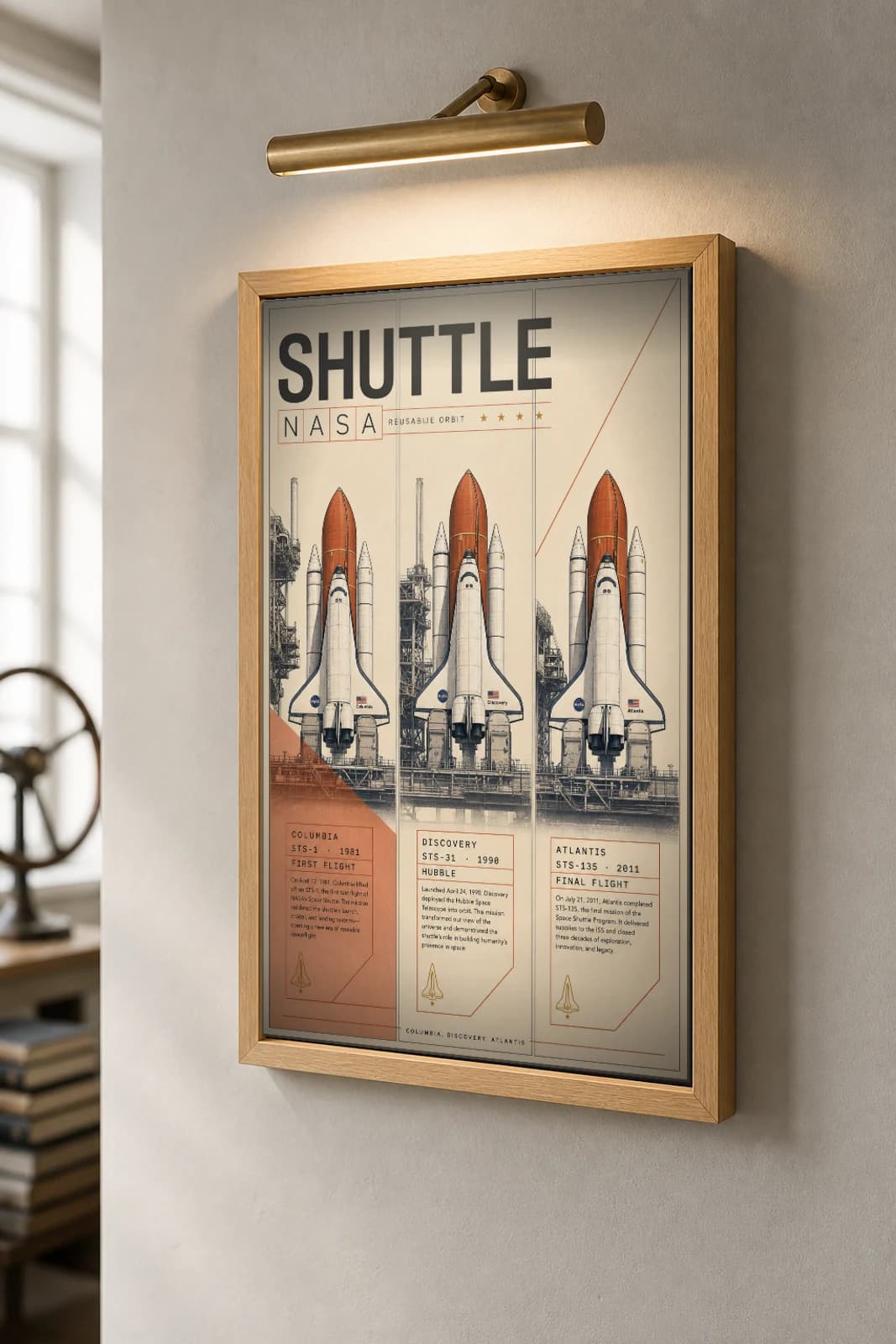 Space Shuttle Program Poster — NASA space mission wall art · framed A2 — the framed print shown at a three-quarter angle on a styled gallery wall in a natural-oak frame