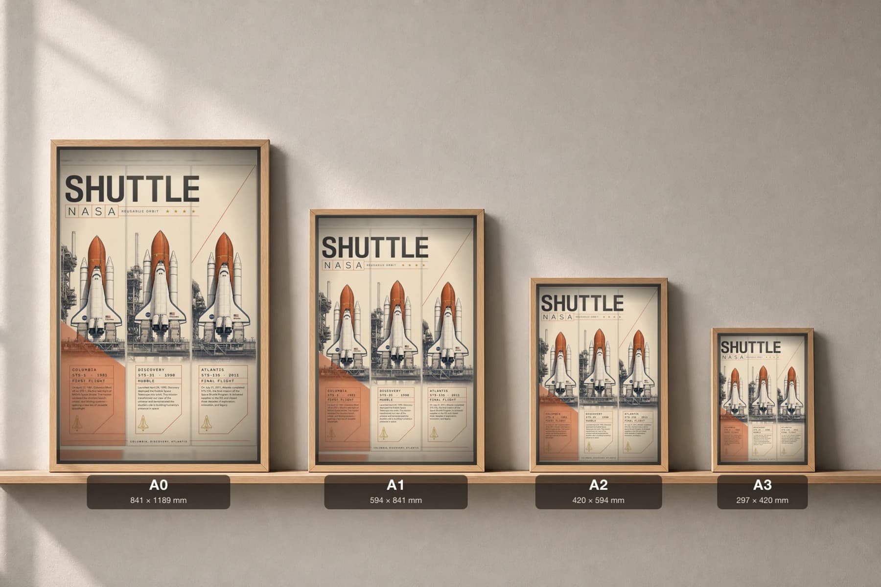 Space Shuttle Program Poster — NASA space mission wall art · framed A2 — print size guide showing the artwork at A0, A1, A2 and A3 in natural-oak frames at true relative scale