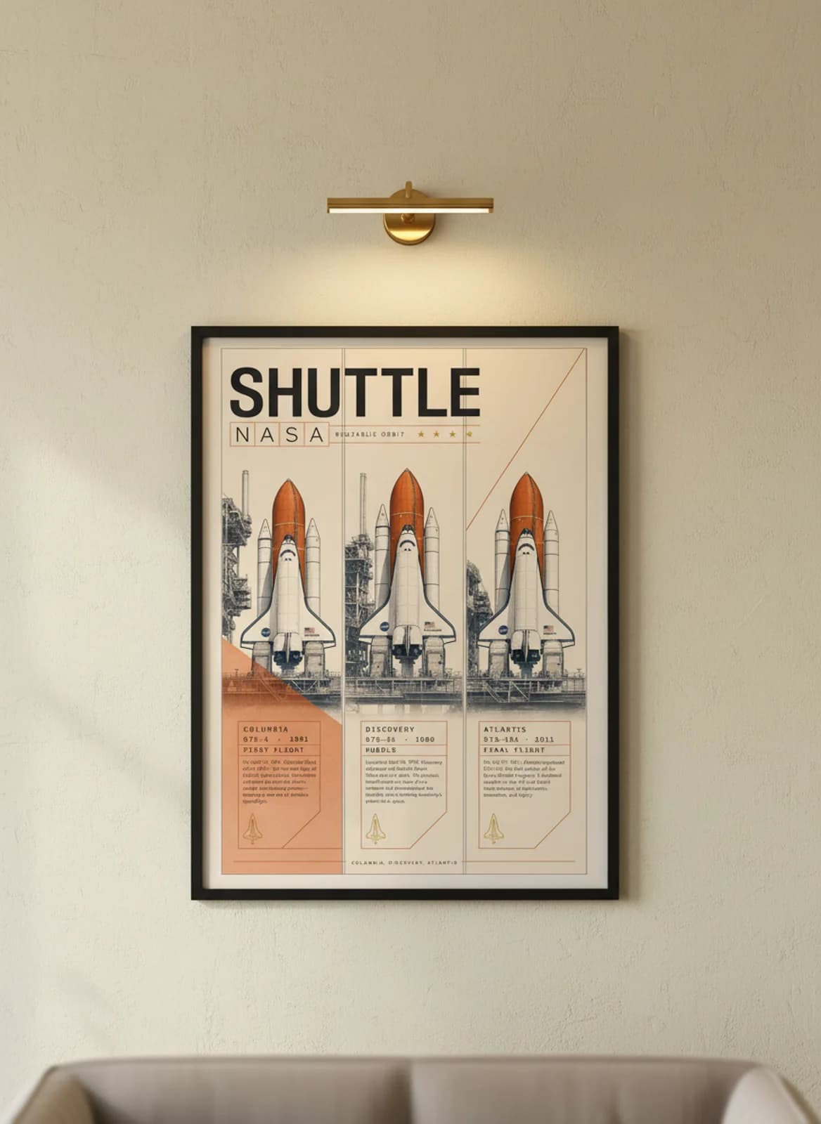 SHUTTLE three-panel gallery set in black A2 frame on orange-accent lime-wash wall — Gallery Sets mockup