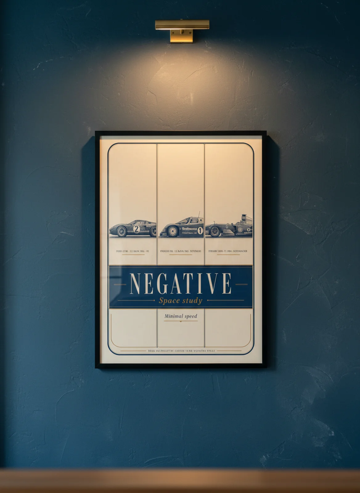 NEGATIVE three-panel gallery set in black A2 frame on white-stripe lime-wash wall — Gallery Sets mockup