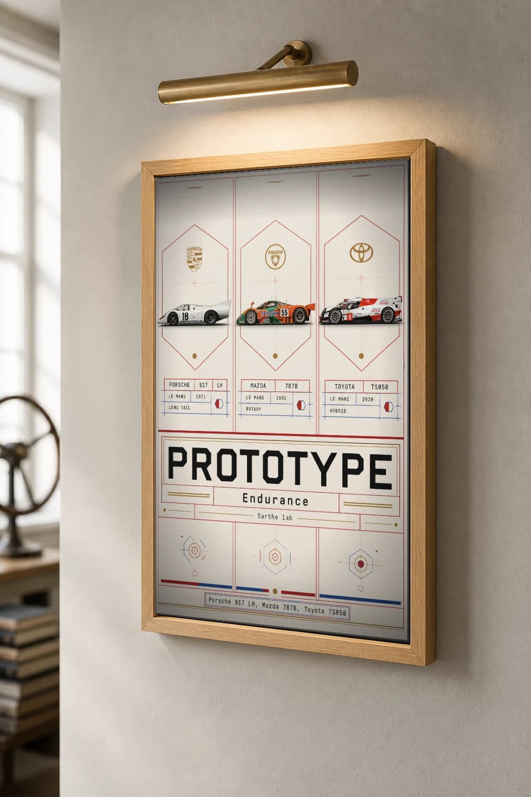 Porsche · Mazda · Toyota 917 LH · 787B · TS050 Poster — Sports prototype · LMP · endurance prototype WEC racing wall art · #18 · 55 · 8 · framed A2 — the framed print shown at a three-quarter angle on a styled gallery wall in a natural-oak frame