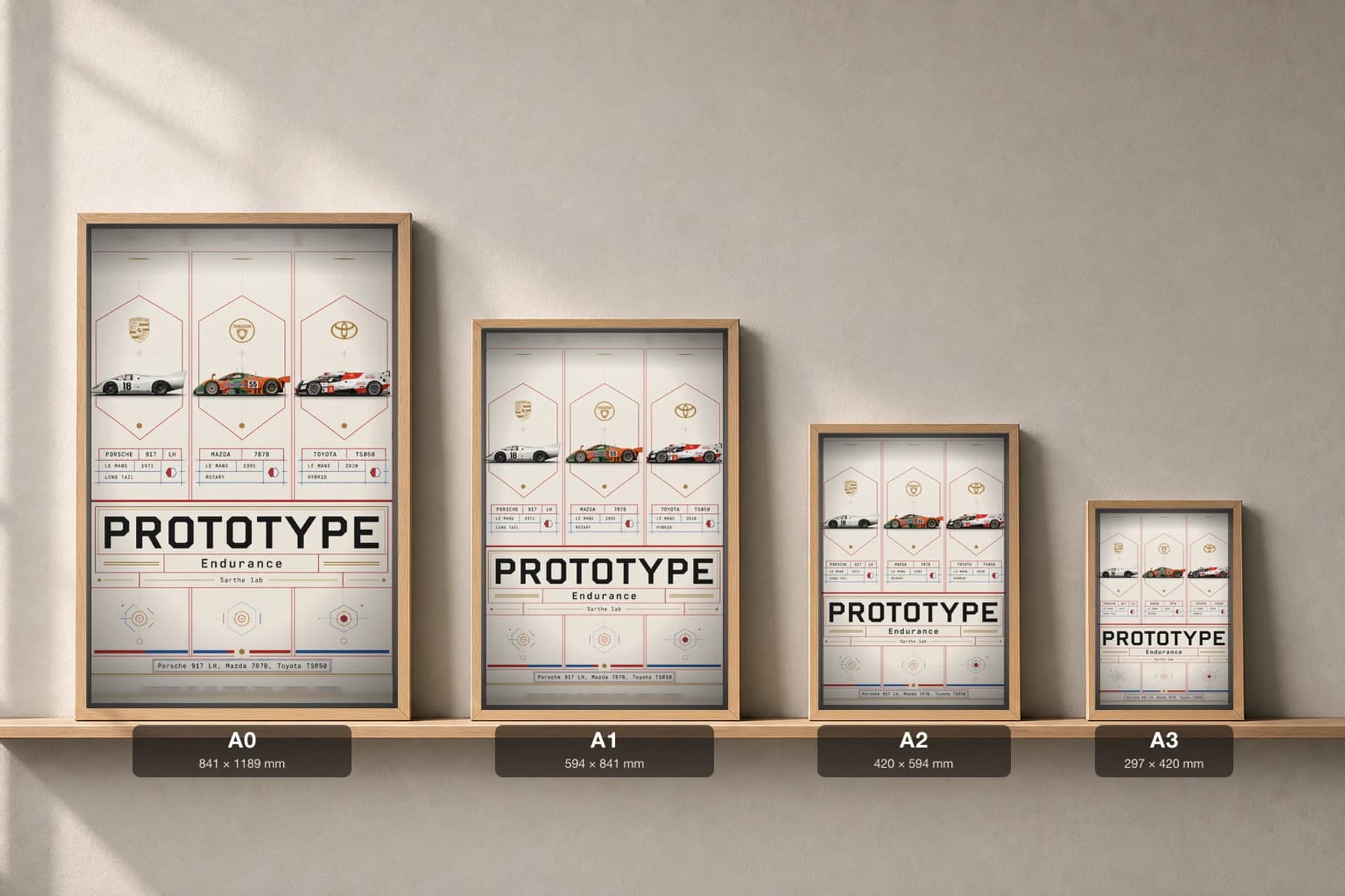 Porsche · Mazda · Toyota 917 LH · 787B · TS050 Poster — Sports prototype · LMP · endurance prototype WEC racing wall art · #18 · 55 · 8 · framed A2 — print size guide showing the artwork at A0, A1, A2 and A3 in natural-oak frames at true relative scale