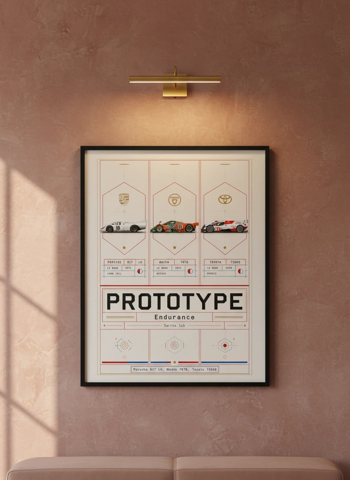 Prototype — Sarthe Lab three-panel gallery set in black A2 frame on technical-red-grid lime-wash wall — Gallery Sets mockup