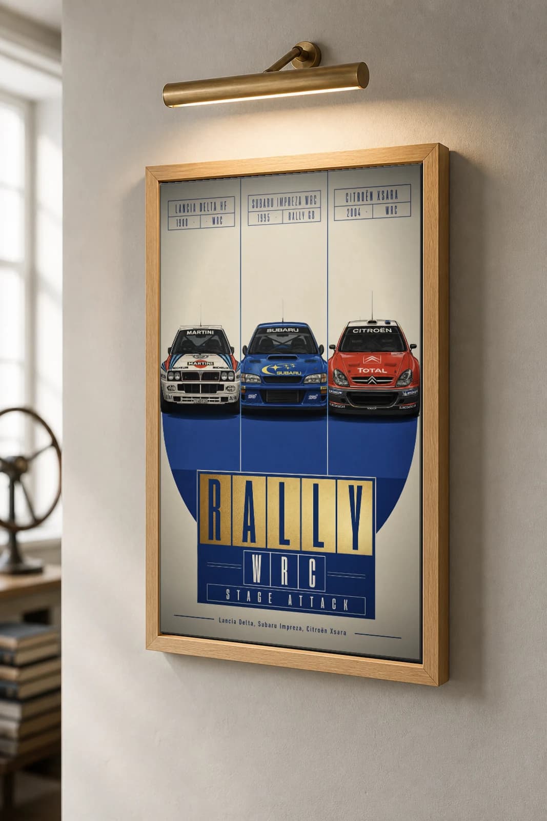 Lancia · Subaru · Citroën Delta HF Integrale · Impreza WRC · Xsara WRC Poster — World Rally Car WEC racing wall art · #— · framed A2 — the framed print shown at a three-quarter angle on a styled gallery wall in a natural-oak frame