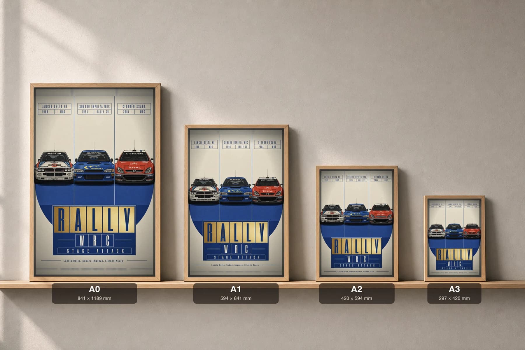 Lancia · Subaru · Citroën Delta HF Integrale · Impreza WRC · Xsara WRC Poster — World Rally Car WEC racing wall art · #— · framed A2 — print size guide showing the artwork at A0, A1, A2 and A3 in natural-oak frames at true relative scale