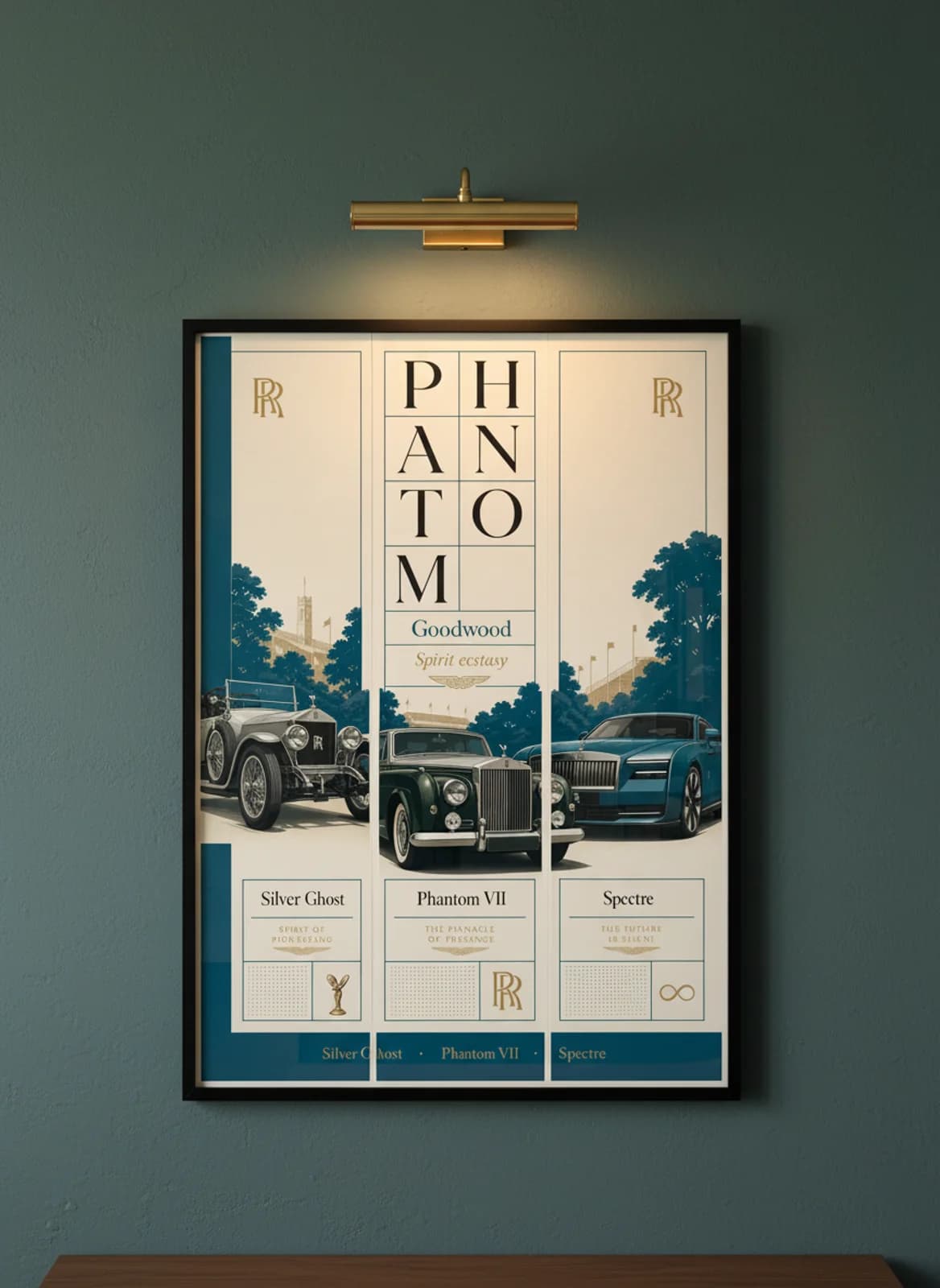 Rolls-Royce Phantom three-panel gallery set in black A2 frame on dark-teal lime-wash wall — Gallery Sets mockup