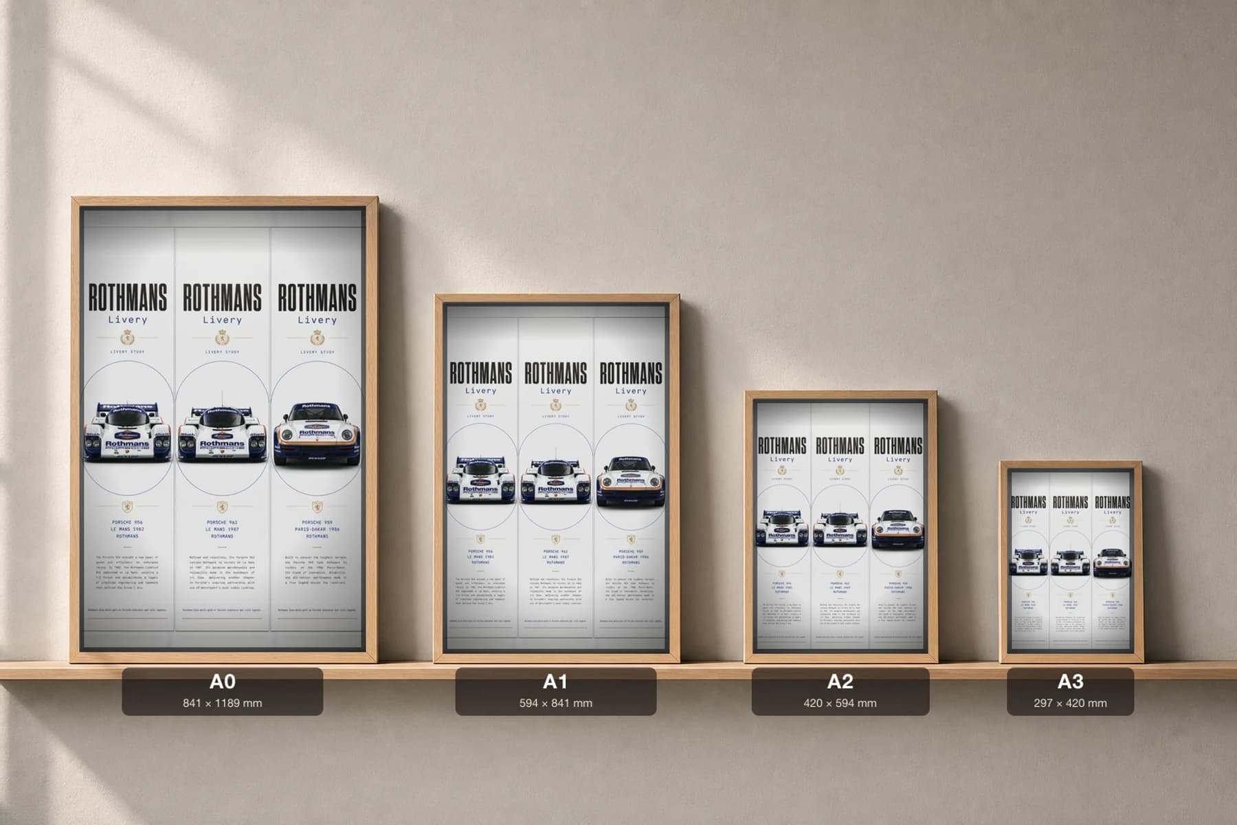 Rothmans (sponsor livery) 956 / 962 / 959 Poster — Group C prototype / rally raid WEC racing wall art · #— · framed A2 — print size guide showing the artwork at A0, A1, A2 and A3 in natural-oak frames at true relative scale