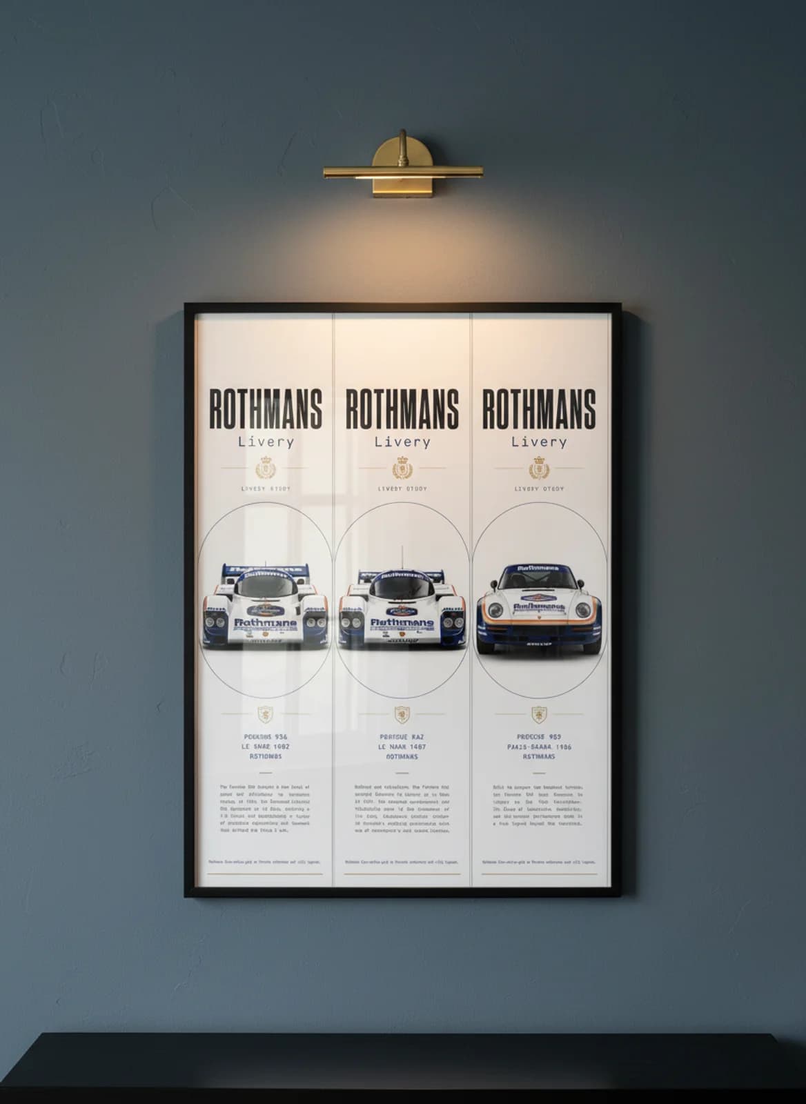 Rothmans three-panel gallery set in black A2 frame on rothmans-blue lime-wash wall — Gallery Sets mockup