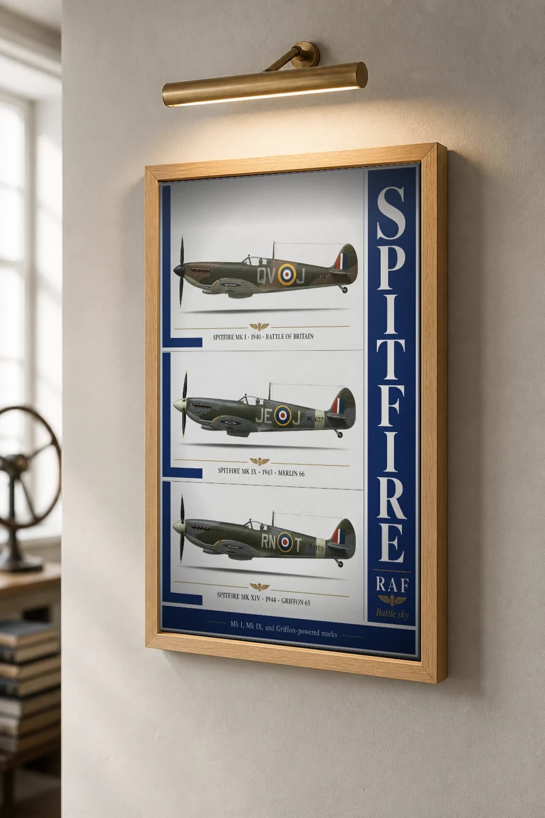 Supermarine Spitfire Poster — Royal Air Force military aviation wall art · framed A2 · 1940–1944 — the framed print shown at a three-quarter angle on a styled gallery wall in a natural-oak frame