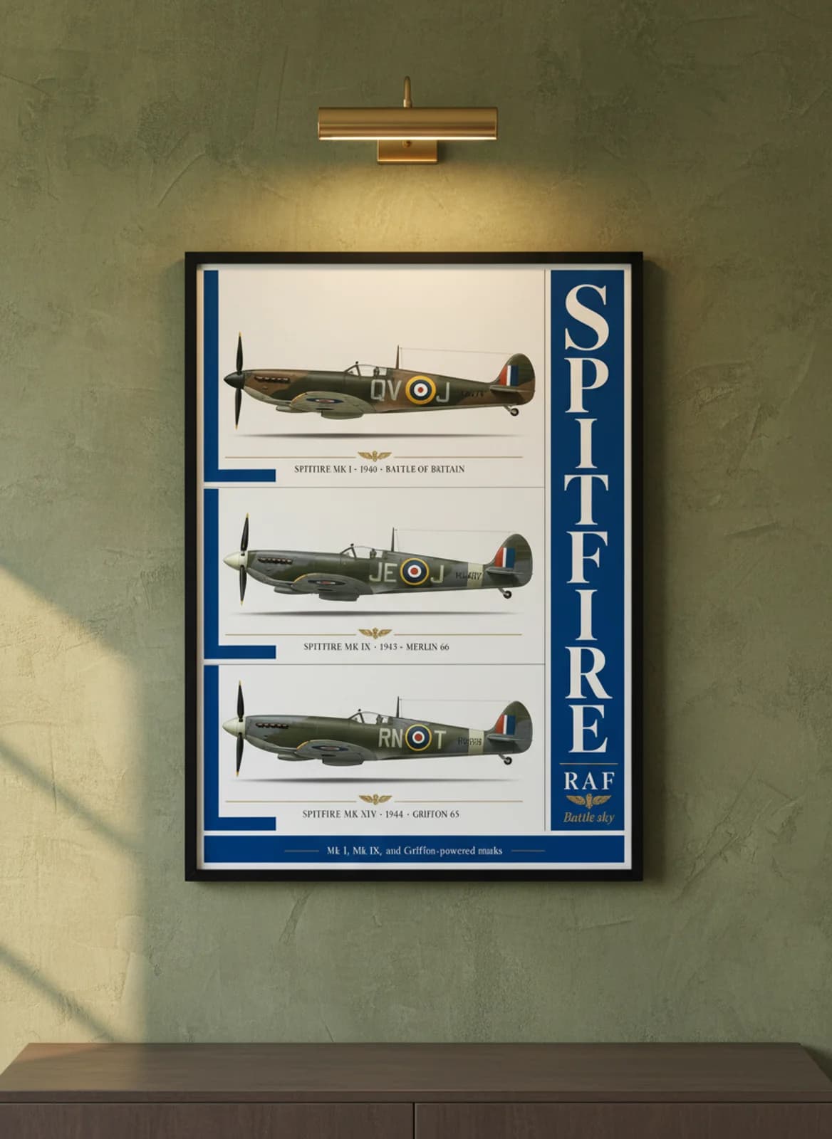 Spitfire three-panel gallery set in black A2 frame on raf-dark-green lime-wash wall — Gallery Sets mockup