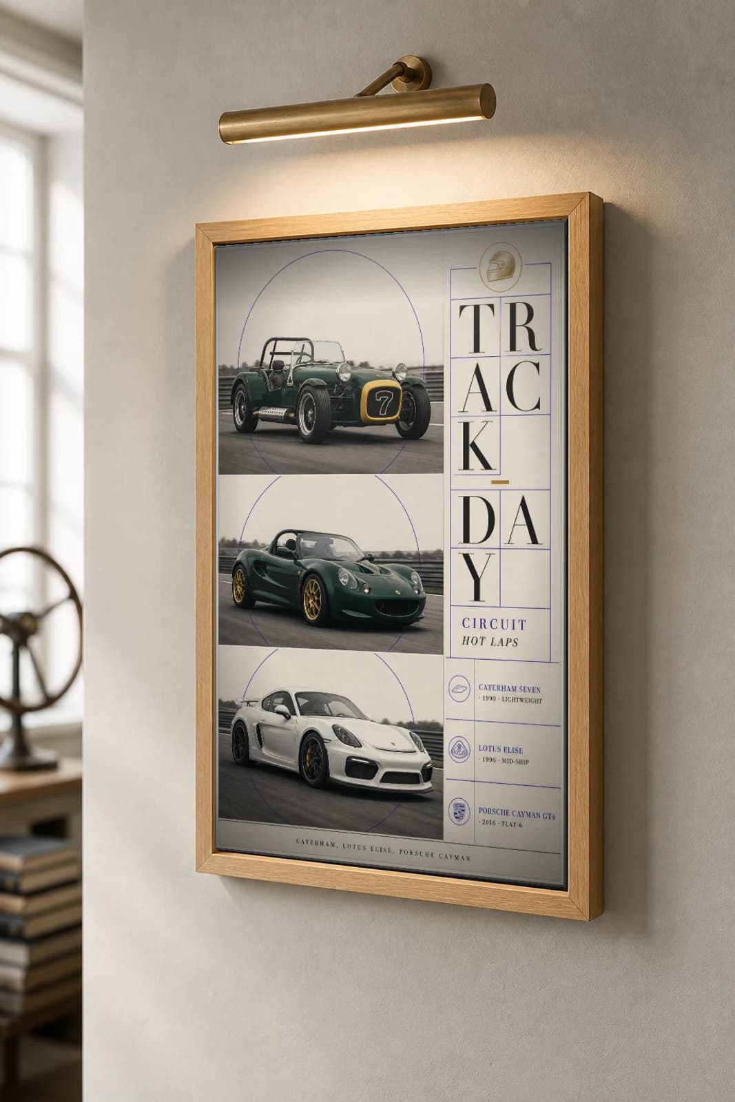 Caterham · Lotus · Porsche Seven · Elise · Cayman GT4 Poster — Track Day · Sports Car WEC racing wall art · #— · framed A2 — the framed print shown at a three-quarter angle on a styled gallery wall in a natural-oak frame