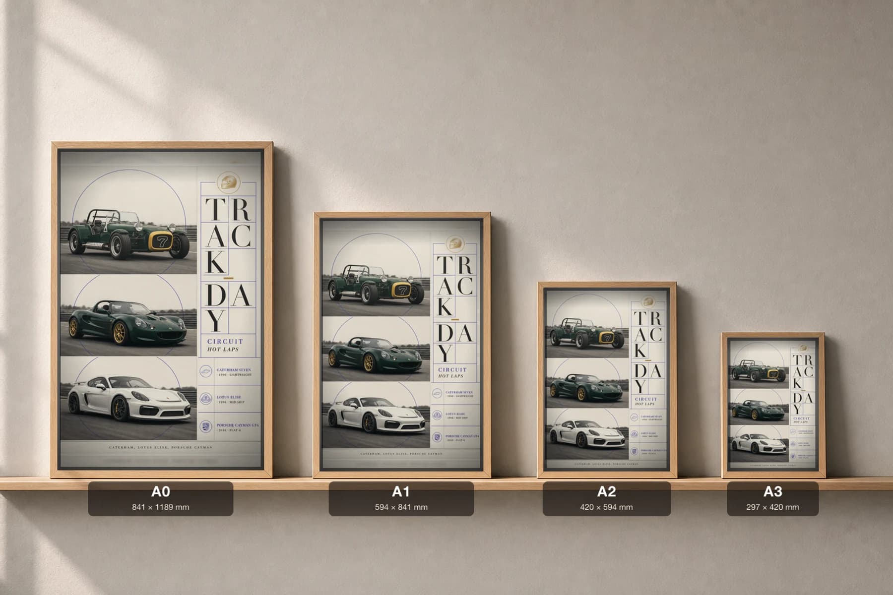 Caterham · Lotus · Porsche Seven · Elise · Cayman GT4 Poster — Track Day · Sports Car WEC racing wall art · #— · framed A2 — print size guide showing the artwork at A0, A1, A2 and A3 in natural-oak frames at true relative scale