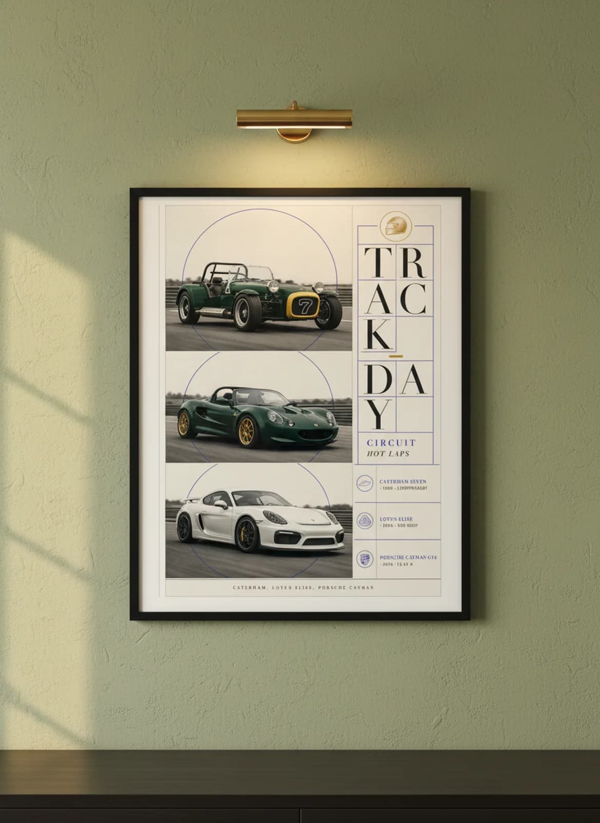 Track Day — Circuit Hot Laps three-panel gallery set in black A2 frame on british-racing-green lime-wash wall — Gallery Sets mockup