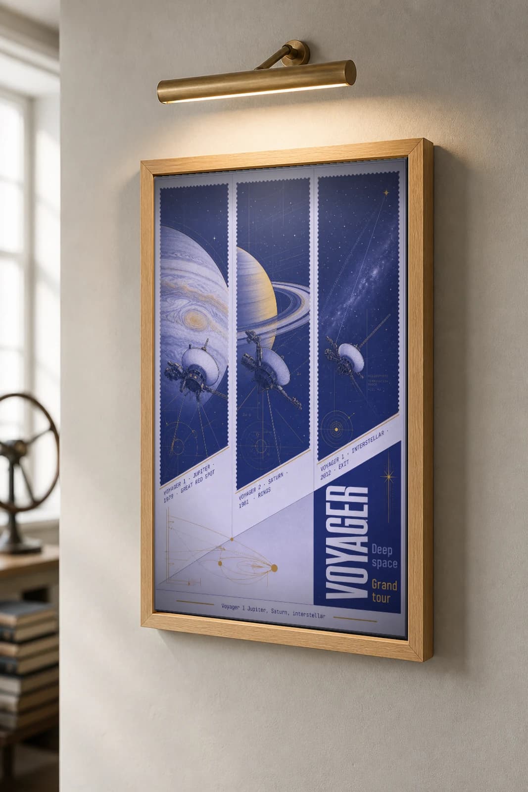 Voyager Grand Tour Poster — NASA / Jet Propulsion Laboratory space mission wall art · framed A2 — the framed print shown at a three-quarter angle on a styled gallery wall in a natural-oak frame
