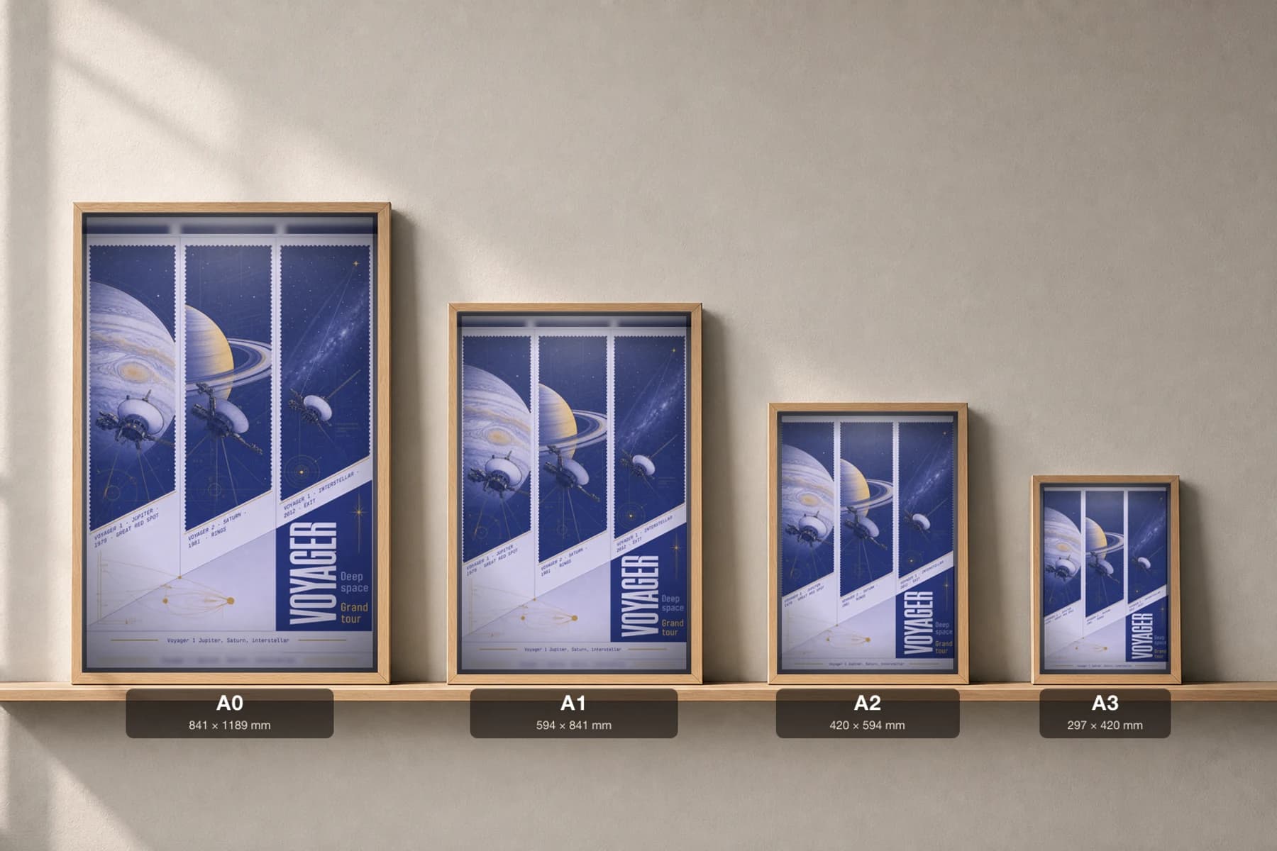 Voyager Grand Tour Poster — NASA / Jet Propulsion Laboratory space mission wall art · framed A2 — print size guide showing the artwork at A0, A1, A2 and A3 in natural-oak frames at true relative scale