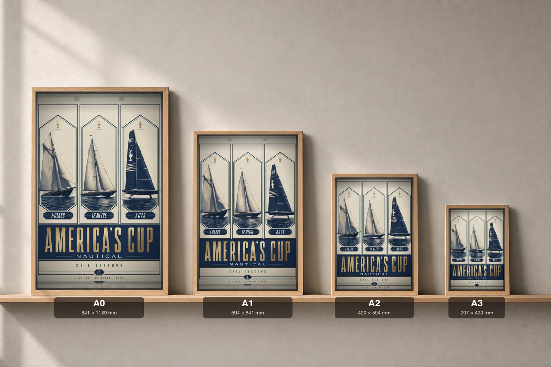 America's Cup Sailing Heritage — J-Class, 12 Metre, AC75 Poster — classic car classic car wall art · framed A2 · garage decor — print size guide showing the artwork at A0, A1, A2 and A3 in natural-oak frames at true relative scale