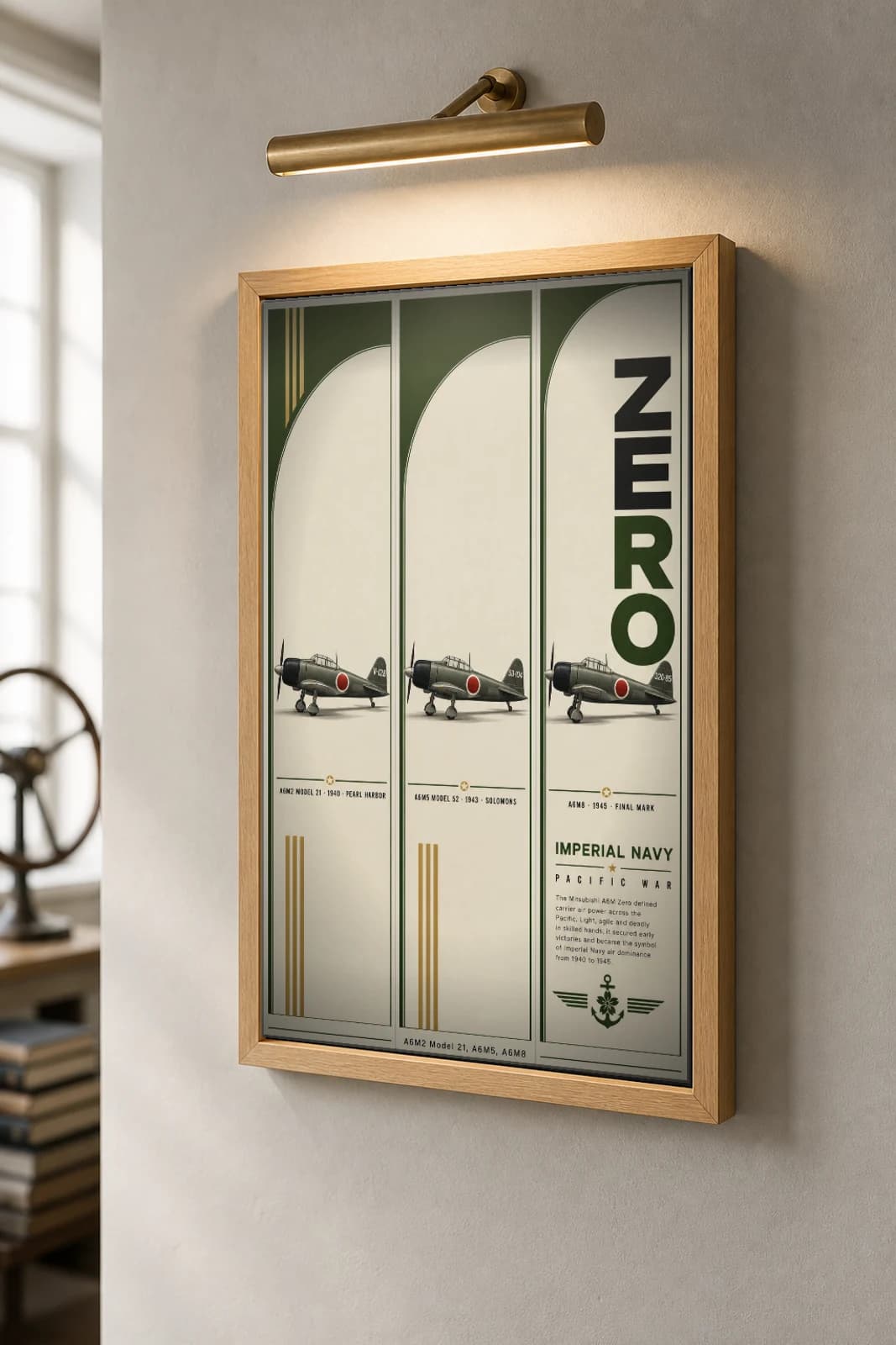 Mitsubishi A6M Zero Poster — Imperial Japanese Navy military aviation wall art · framed A2 · — the framed print shown at a three-quarter angle on a styled gallery wall in a natural-oak frame
