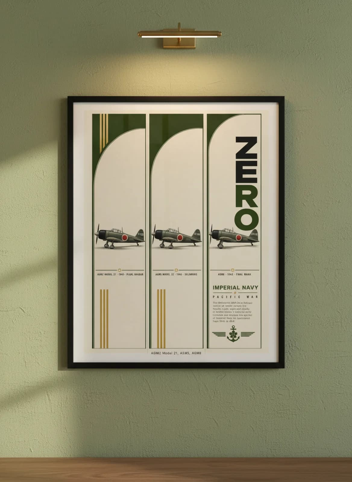 Zero three-panel gallery set in black A2 frame on forest-green lime-wash wall — Gallery Sets mockup