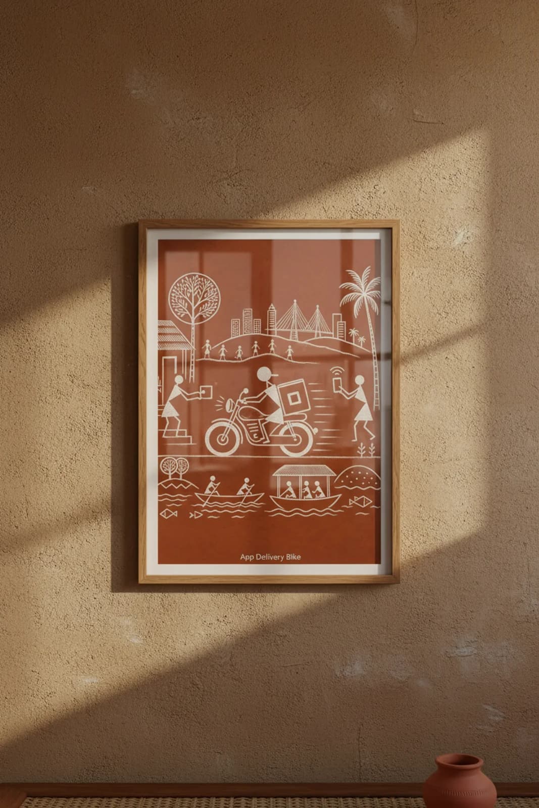 App Delivery Bike Warli print in natural oak A2 frame on warm-earth-neutral mud-plaster wall — rustic Indian folk art mockup