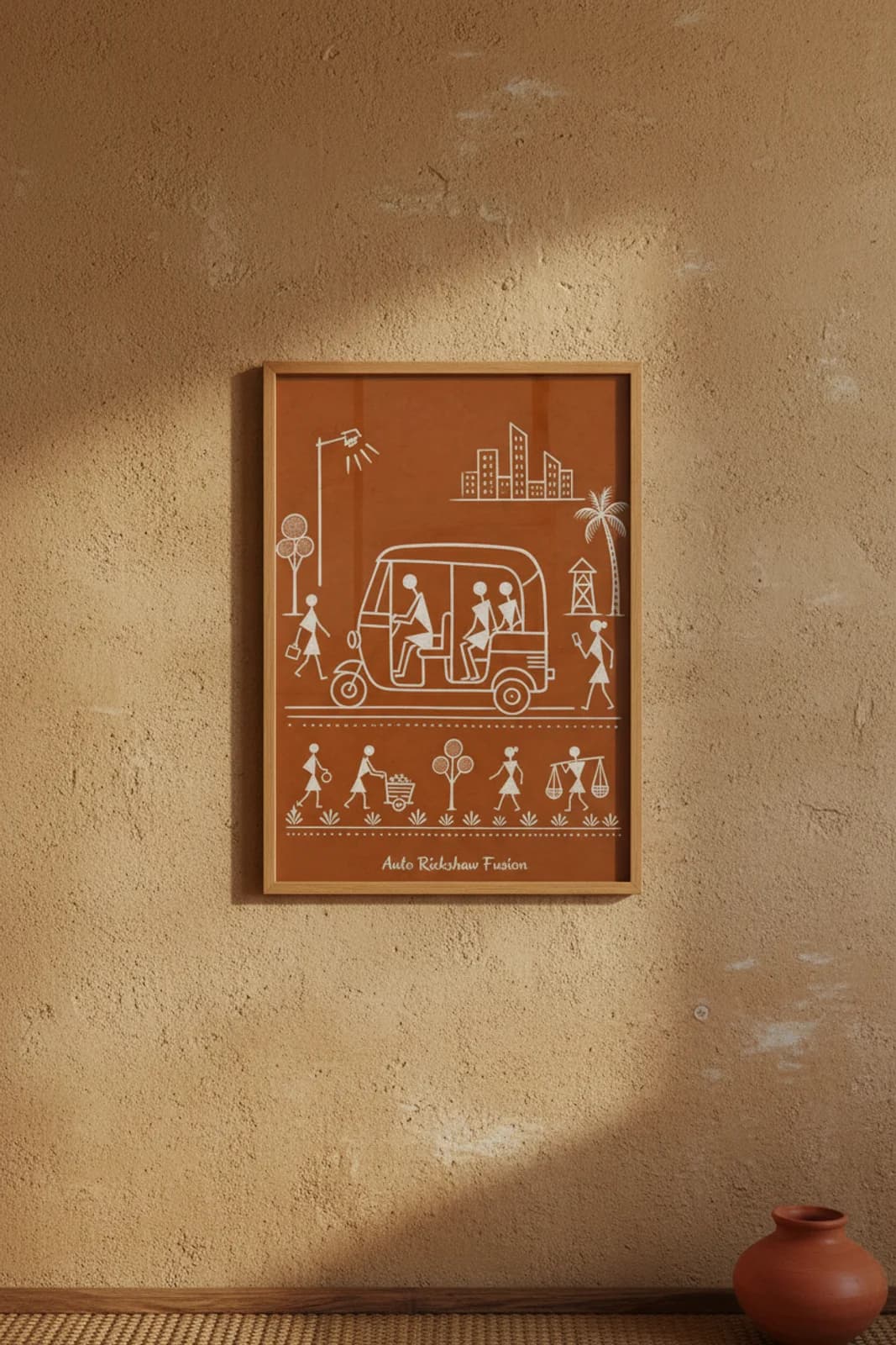 Auto Rickshaw Fusion Warli print in natural oak A2 frame on red-ochre mud-plaster wall — rustic Indian folk art mockup