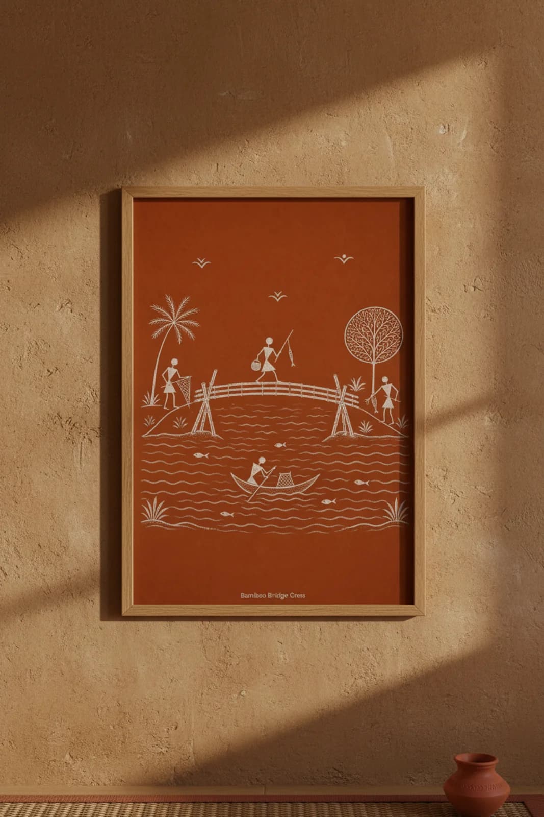 Bamboo Bridge Cross Warli print in natural oak A2 frame on warm-earth-neutral mud-plaster wall — rustic Indian folk art mockup