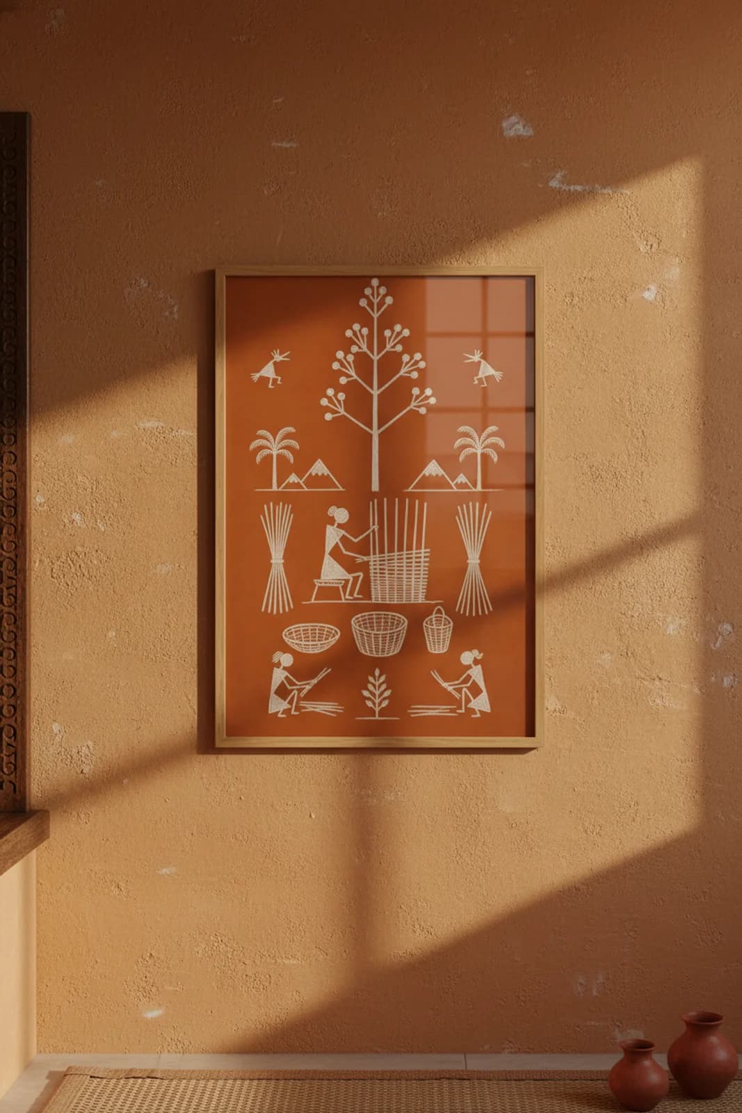 Bamboo Weave Scene Warli print in natural oak A2 frame on terracotta-ochre mud-plaster wall — rustic Indian folk art mockup