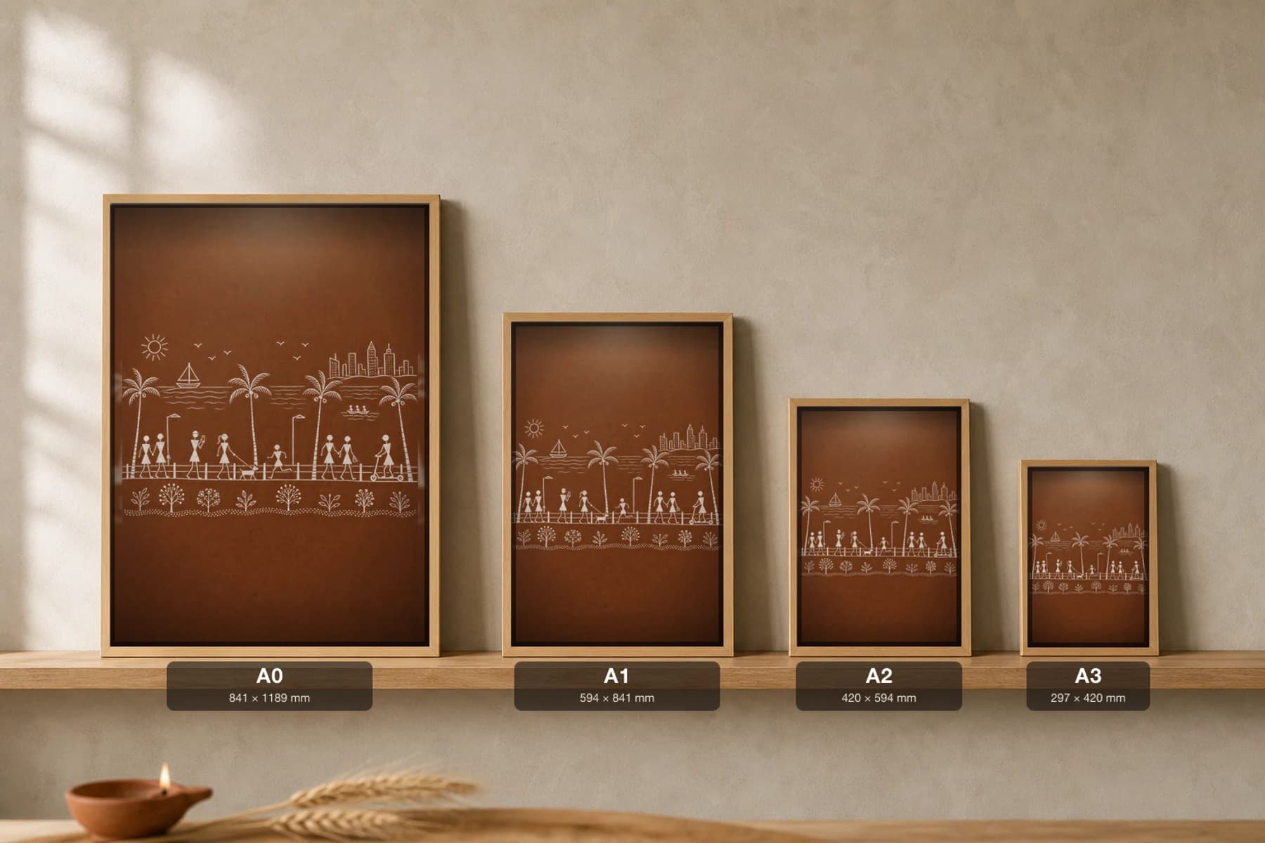 Mumbai Beach Promenade Walk Warli Poster — fusion Indian folk art wall decor · framed A2 — print size guide showing the artwork at A0, A1, A2 and A3 in natural-oak frames at true relative scale