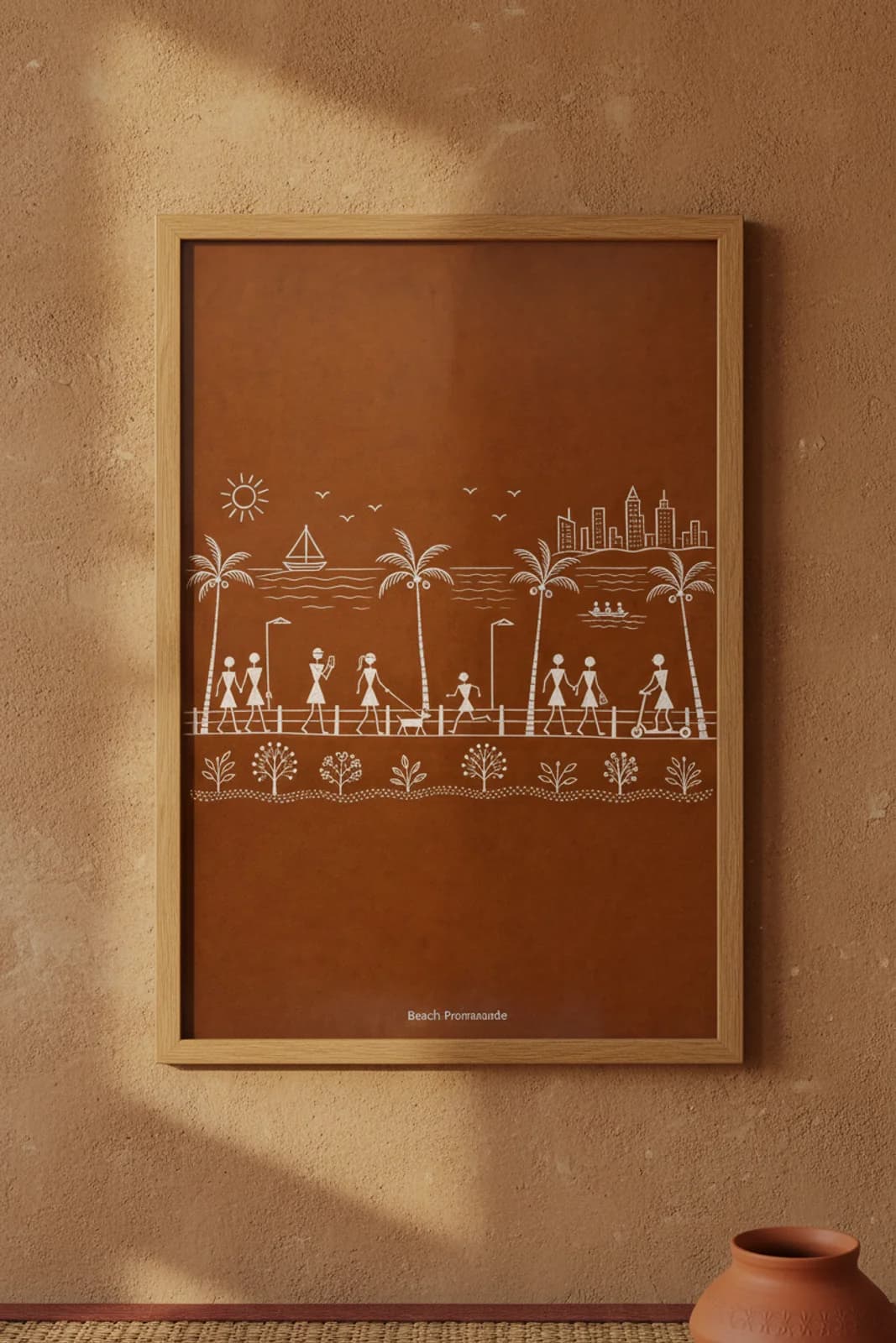 Beach Promenade Warli print in natural oak A2 frame on burnt-sienna-field mud-plaster wall — rustic Indian folk art mockup