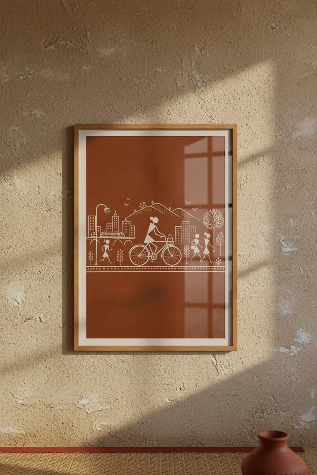 Cycle Commute Warli print in natural oak A2 frame on red-ochre mud-plaster wall — rustic Indian folk art mockup