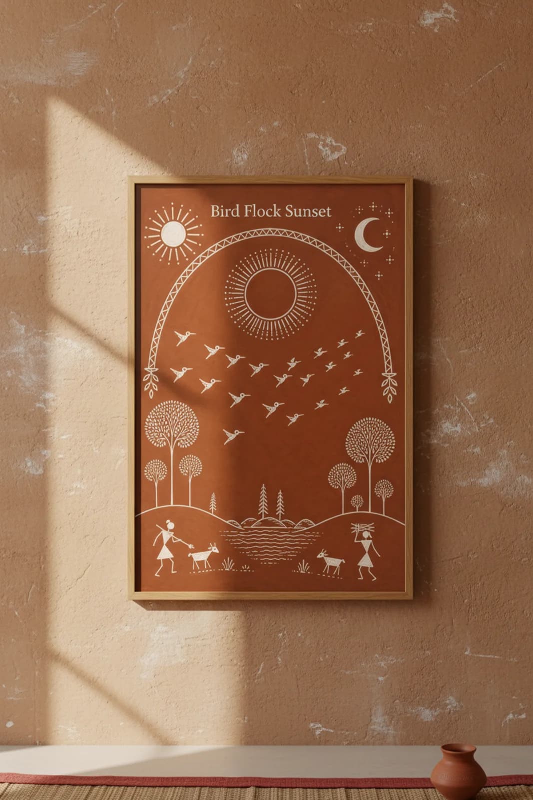 Bird Flock Sunset Warli print in natural oak A2 frame on red-ochre mud-plaster wall — rustic Indian folk art mockup