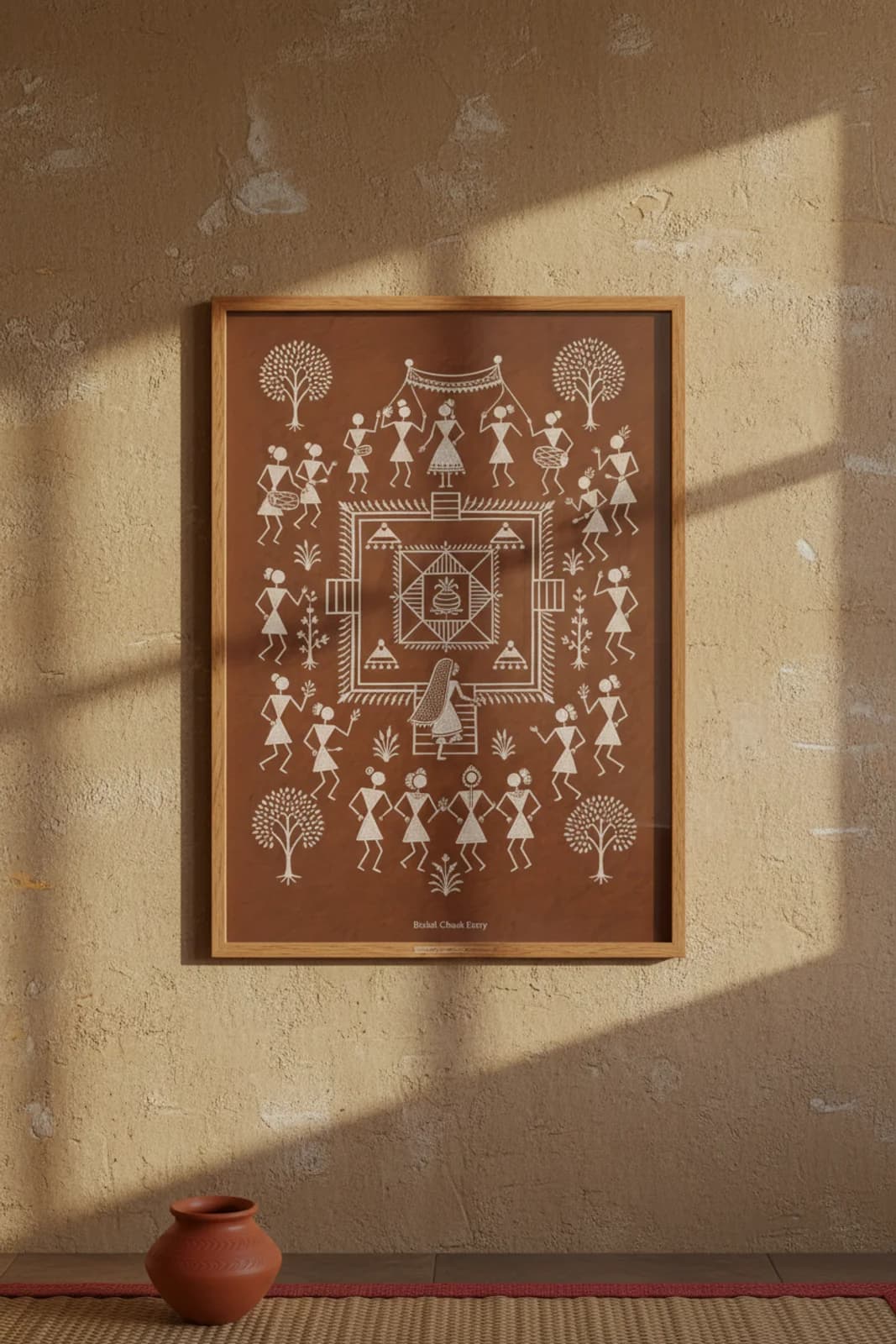 Bridal Chauk Entry Warli print in natural oak A2 frame on warm-earth-neutral mud-plaster wall — rustic Indian folk art mockup