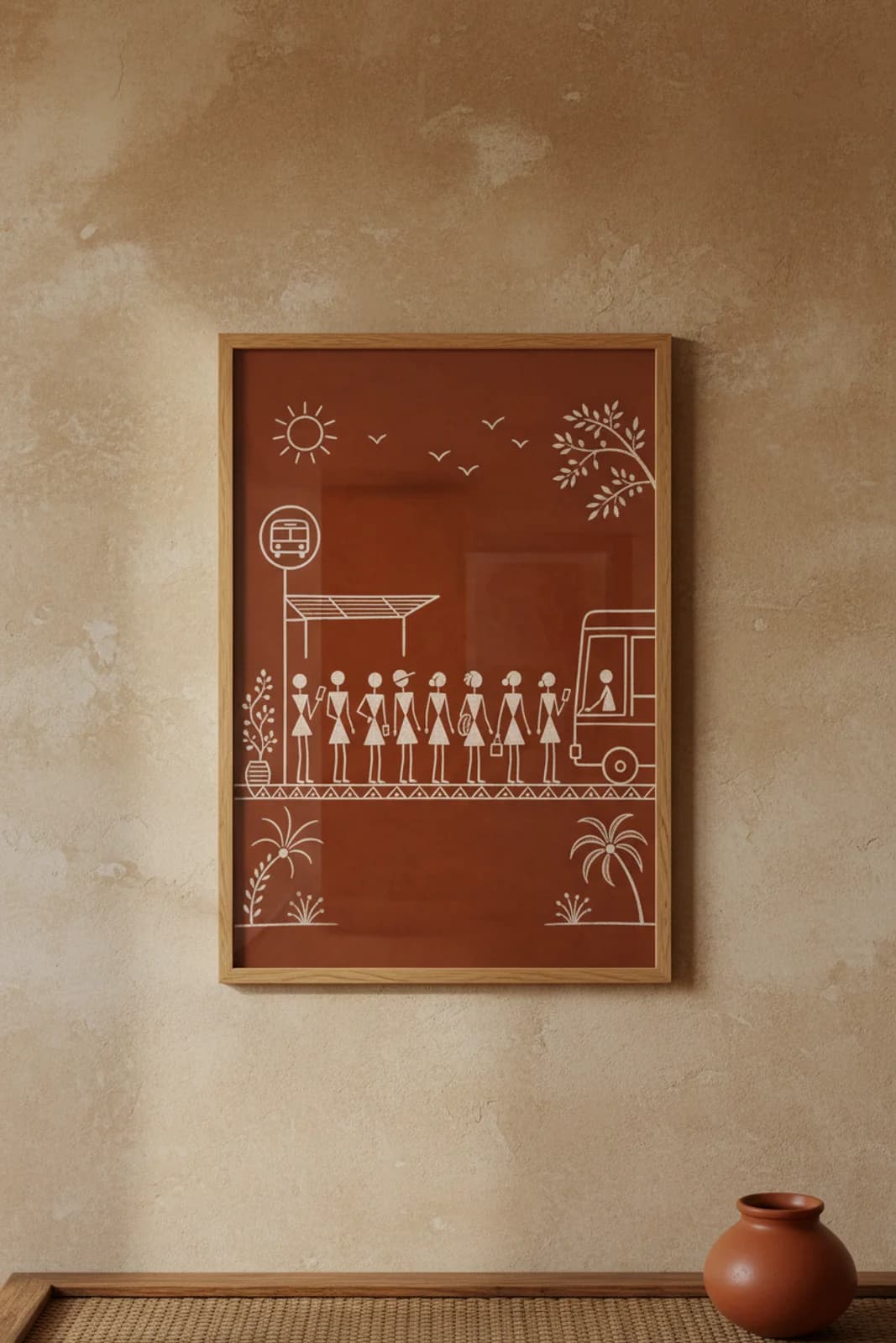 Bus Stop Queue Warli print in natural oak A2 frame on red-ochre mud-plaster wall — rustic Indian folk art mockup