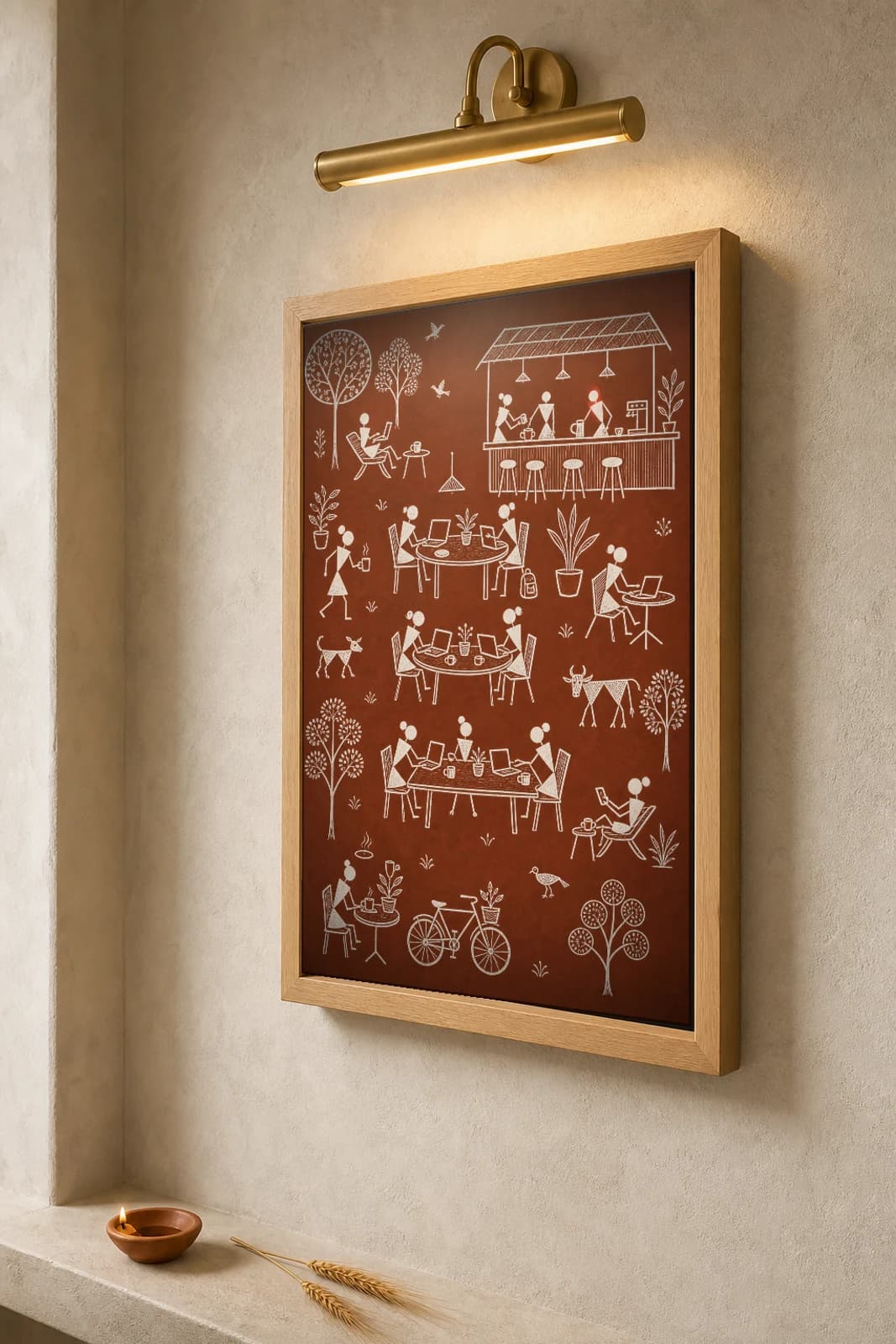 Bangalore Co-working Cafe Warli Poster — fusion Indian folk art wall decor · framed A2 — the framed print shown at a three-quarter angle on a styled gallery wall in a natural-oak frame