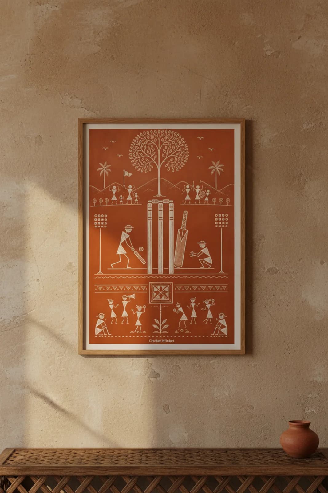 Cricket Wicket Warli print in natural oak A2 frame on warm-earth-neutral mud-plaster wall — rustic Indian folk art mockup