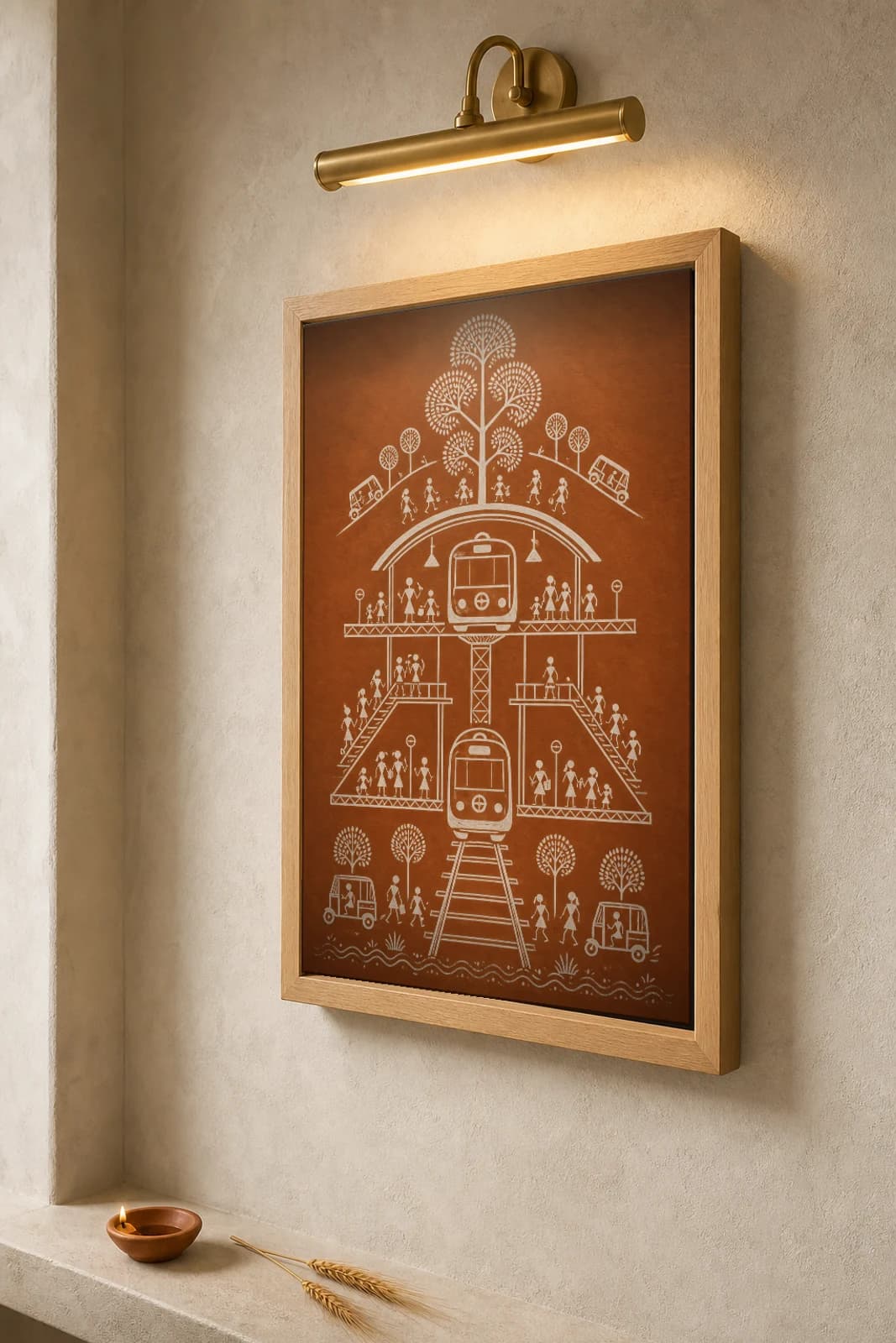 Delhi Delhi Metro Warli Poster — fusion Indian folk art wall decor · framed A2 — the framed print shown at a three-quarter angle on a styled gallery wall in a natural-oak frame