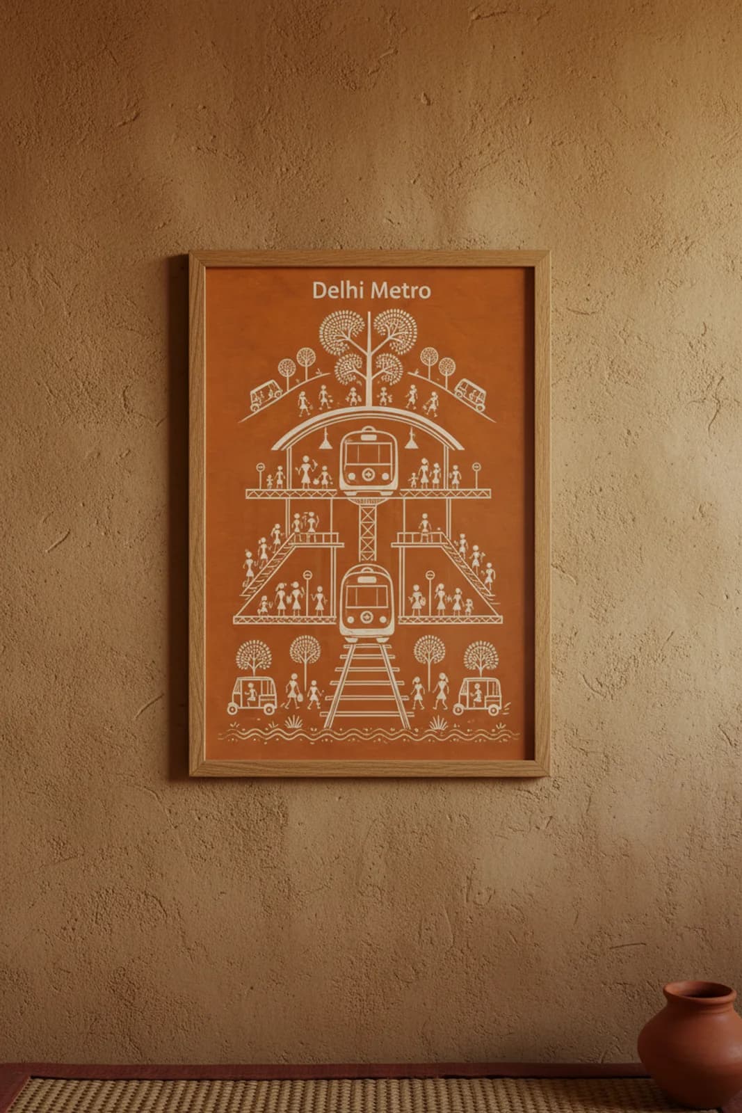 Delhi Metro Warli print in natural oak A2 frame on warm-earth-neutral mud-plaster wall — rustic Indian folk art mockup