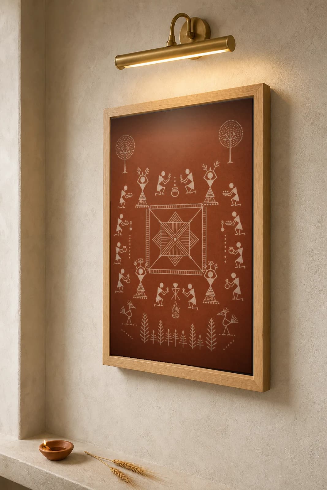 Palghar Dev Chauk Ritual Warli Poster — classical Indian folk art wall decor · framed A2 — the framed print shown at a three-quarter angle on a styled gallery wall in a natural-oak frame