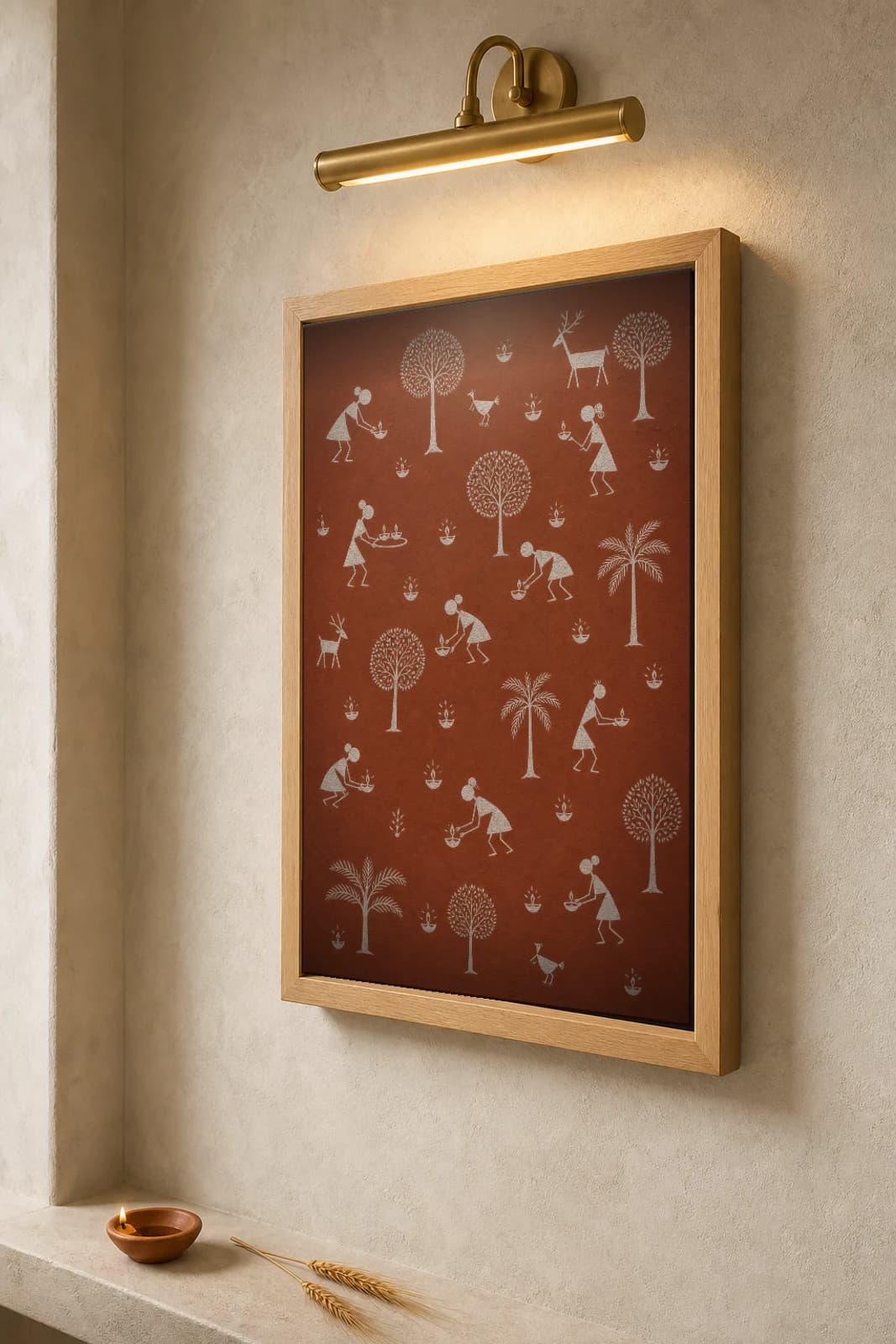Dahanu Diwali Lamp Scatter Warli Poster — classical Indian folk art wall decor · framed A2 — the framed print shown at a three-quarter angle on a styled gallery wall in a natural-oak frame