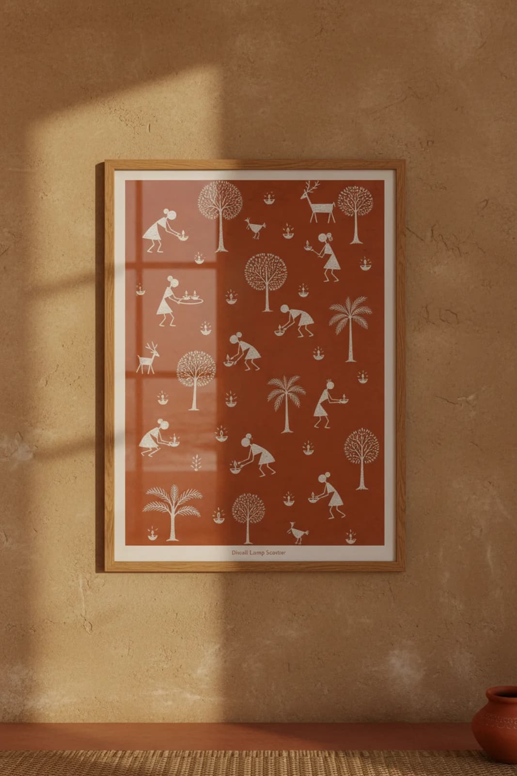 Diwali Lamp Scatter Warli print in natural oak A2 frame on warm-earth-neutral mud-plaster wall — rustic Indian folk art mockup