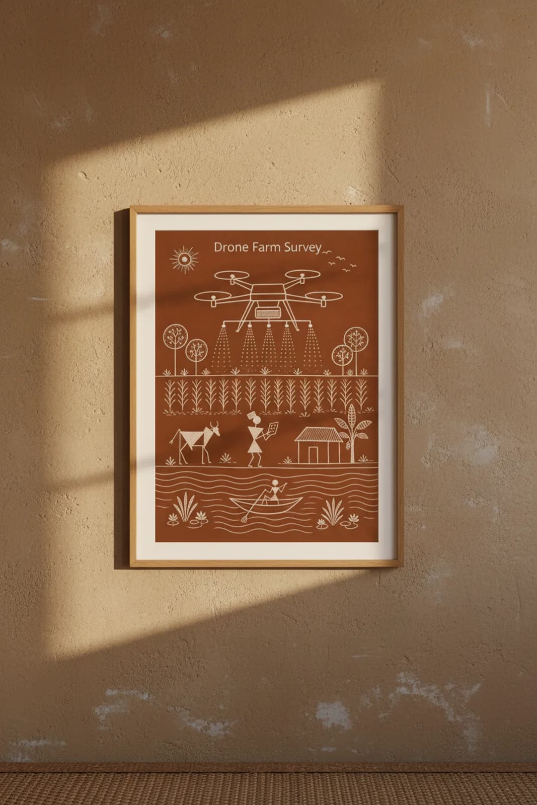 Drone Farm Survey Warli print in natural oak A2 frame on warm-earth-neutral mud-plaster wall — rustic Indian folk art mockup