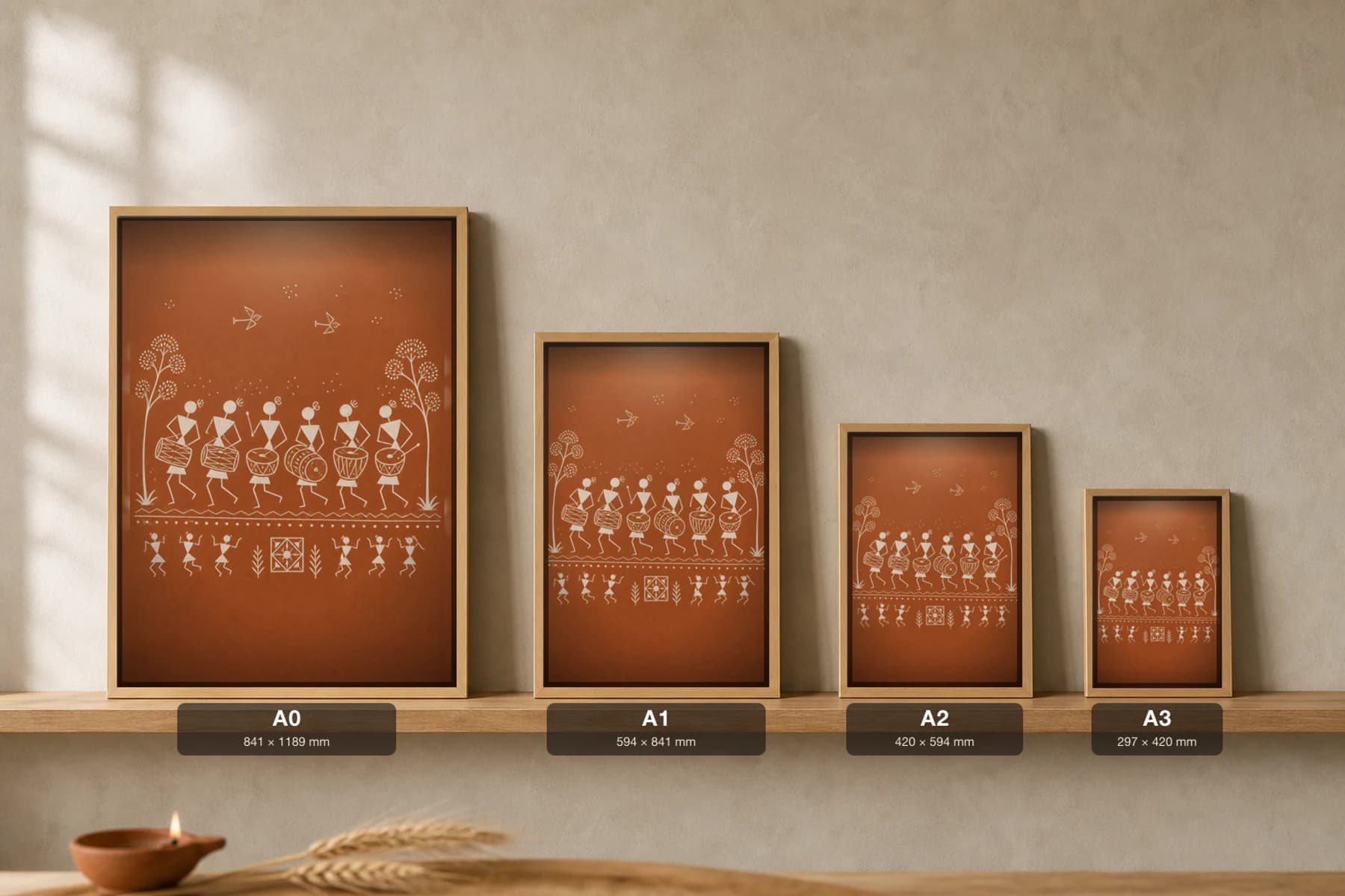 Palghar Drum Festival Line Warli Poster — classical Indian folk art wall decor · framed A2 — print size guide showing the artwork at A0, A1, A2 and A3 in natural-oak frames at true relative scale