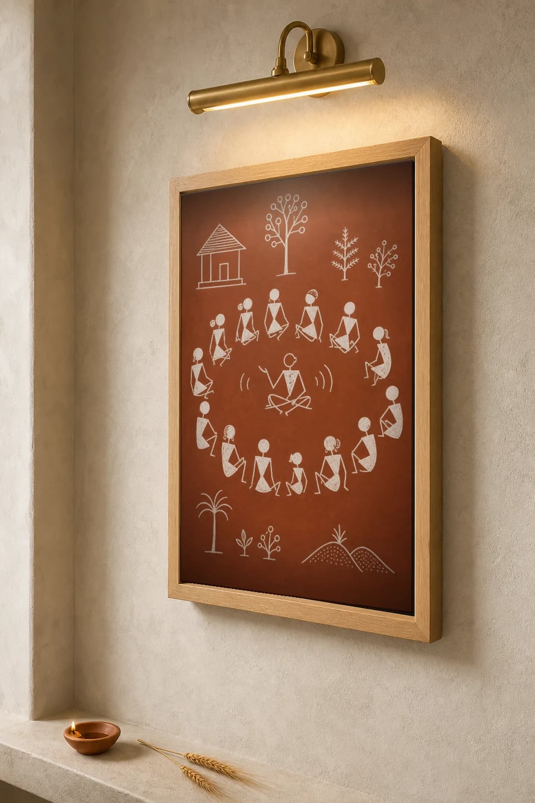 Talasari Elder Story Circle Warli Poster — classical Indian folk art wall decor · framed A2 — the framed print shown at a three-quarter angle on a styled gallery wall in a natural-oak frame