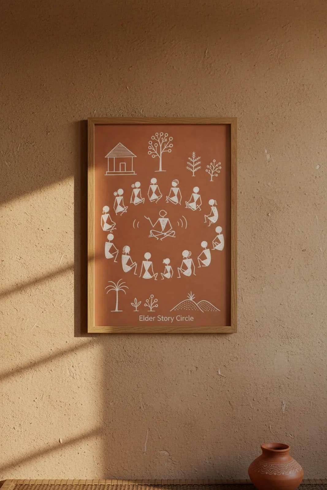 Elder Story Circle Warli print in natural oak A2 frame on warm-earth-neutral mud-plaster wall — rustic Indian folk art mockup