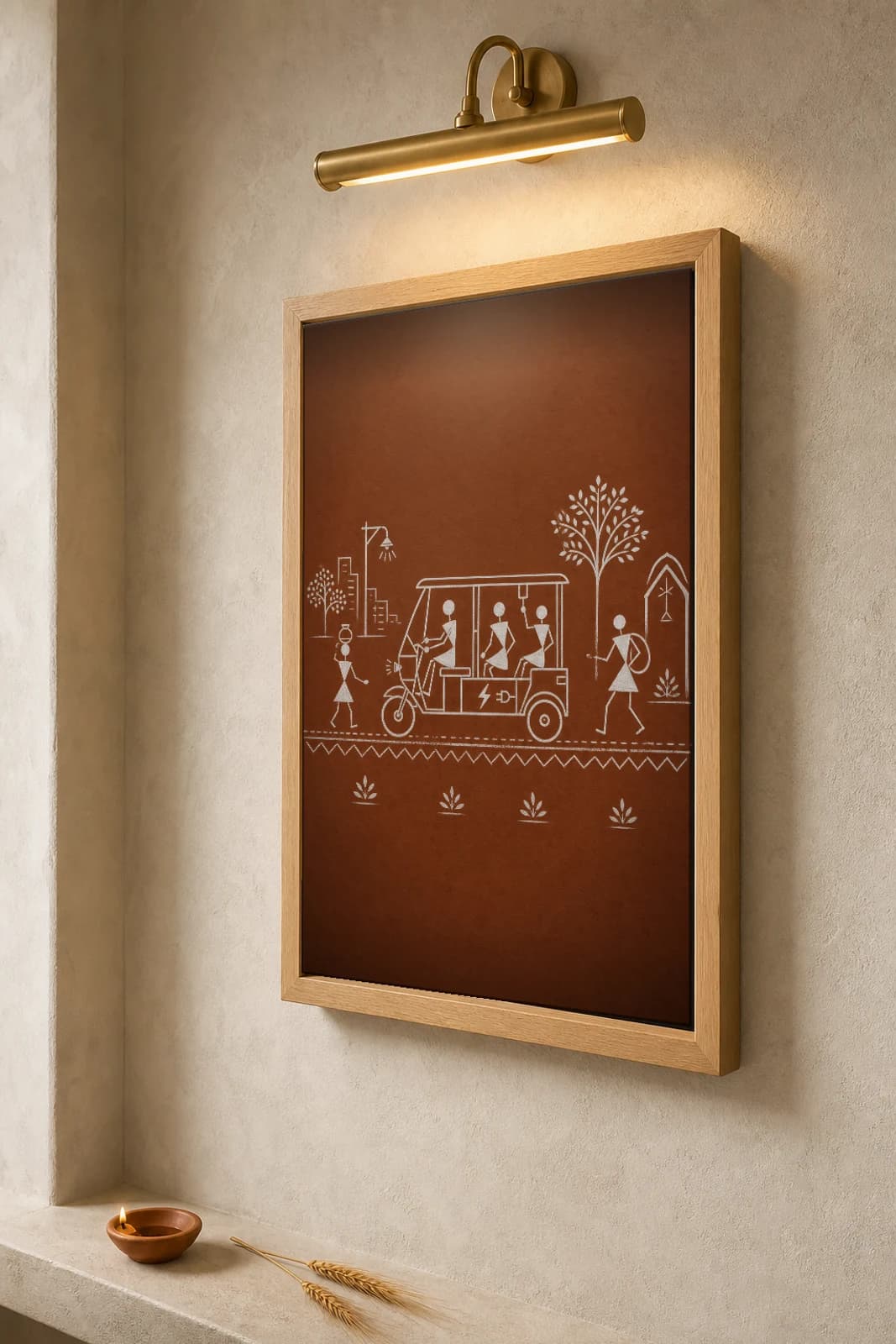 Delhi Electric Rickshaw Warli Poster — fusion Indian folk art wall decor · framed A2 — the framed print shown at a three-quarter angle on a styled gallery wall in a natural-oak frame