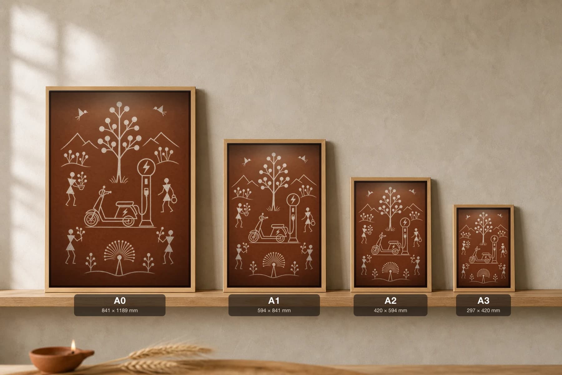 Pune EV Scooter Charge Warli Poster — fusion Indian folk art wall decor · framed A2 — print size guide showing the artwork at A0, A1, A2 and A3 in natural-oak frames at true relative scale