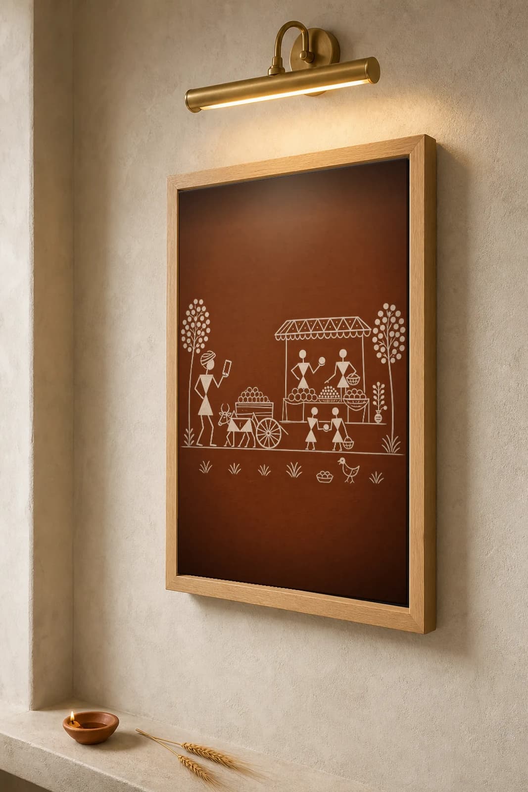 Nashik Farmer Market App Warli Poster — fusion Indian folk art wall decor · framed A2 — the framed print shown at a three-quarter angle on a styled gallery wall in a natural-oak frame