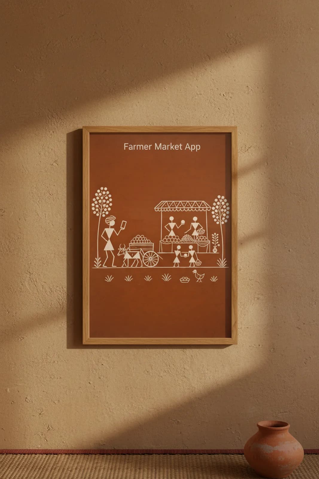 Farmer Market App Warli print in natural oak A2 frame on warm-earth-neutral mud-plaster wall — rustic Indian folk art mockup