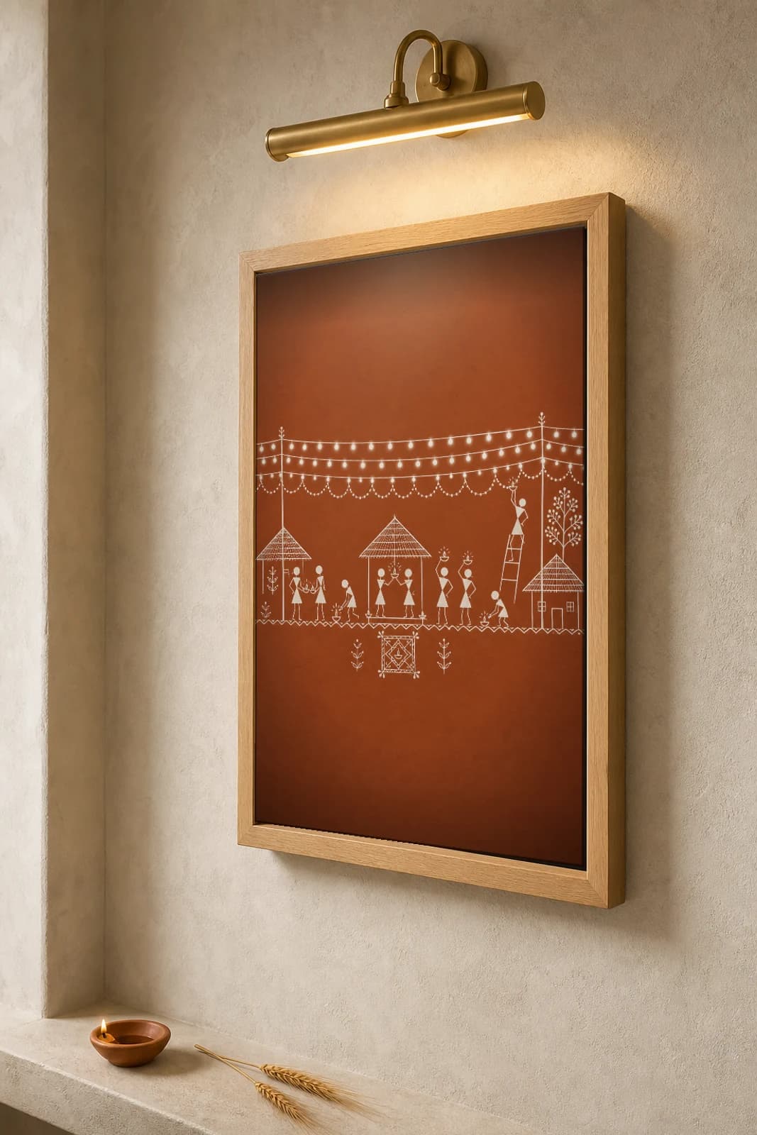 Mumbai LED Festival Lights Warli Poster — fusion Indian folk art wall decor · framed A2 — the framed print shown at a three-quarter angle on a styled gallery wall in a natural-oak frame