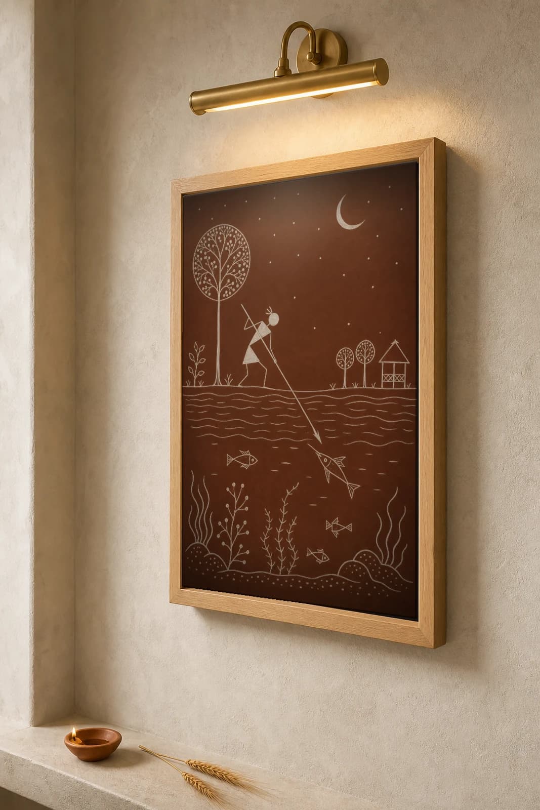 Palghar Night Spear Fishing Warli Poster — classical Indian folk art wall decor · framed A2 — the framed print shown at a three-quarter angle on a styled gallery wall in a natural-oak frame